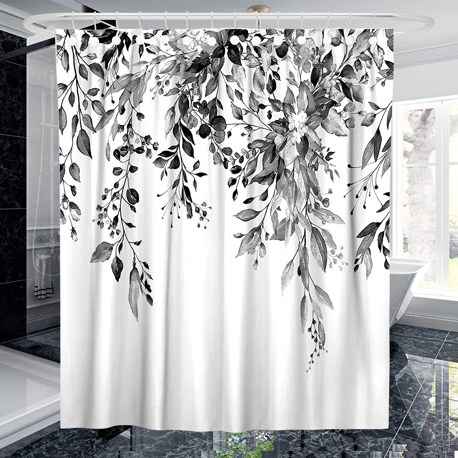 Watercolor Floral Shower Curtain - Black & White Bathroom Decor with Hooks, 72x72 Inch Extra Long Fabric Shower Liner for Bathtub & Shower Stall - Elegant Black Leaves Design for Modern & Vintage Bathrooms