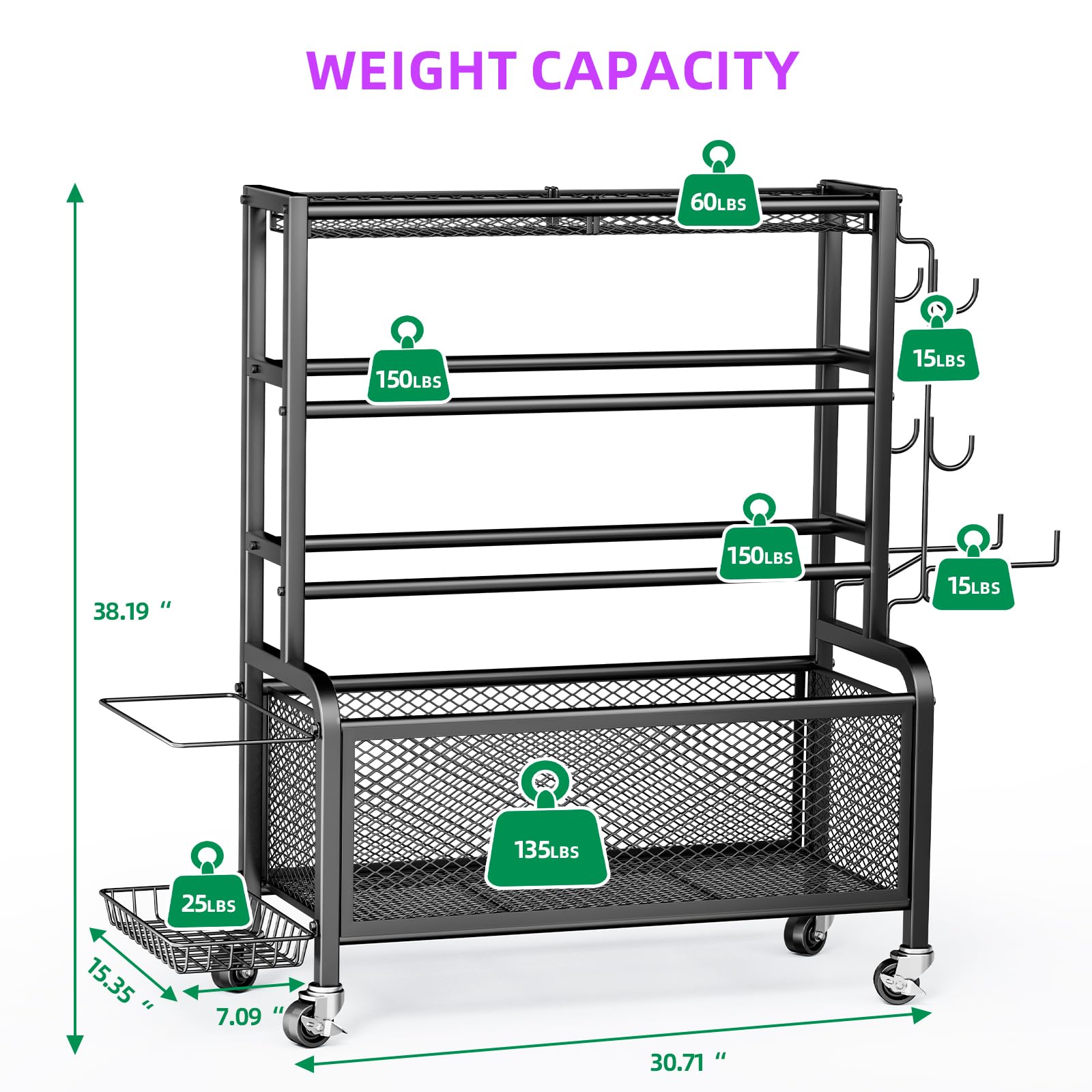 Dumbbell Rack with Wheels - All-in-One Home Gym Storage for Dumbbells, Kettlebells, Yoga Mats & Exercise Balls | Space-Saving Workout Equipment Organizer for Home & Garage Gym