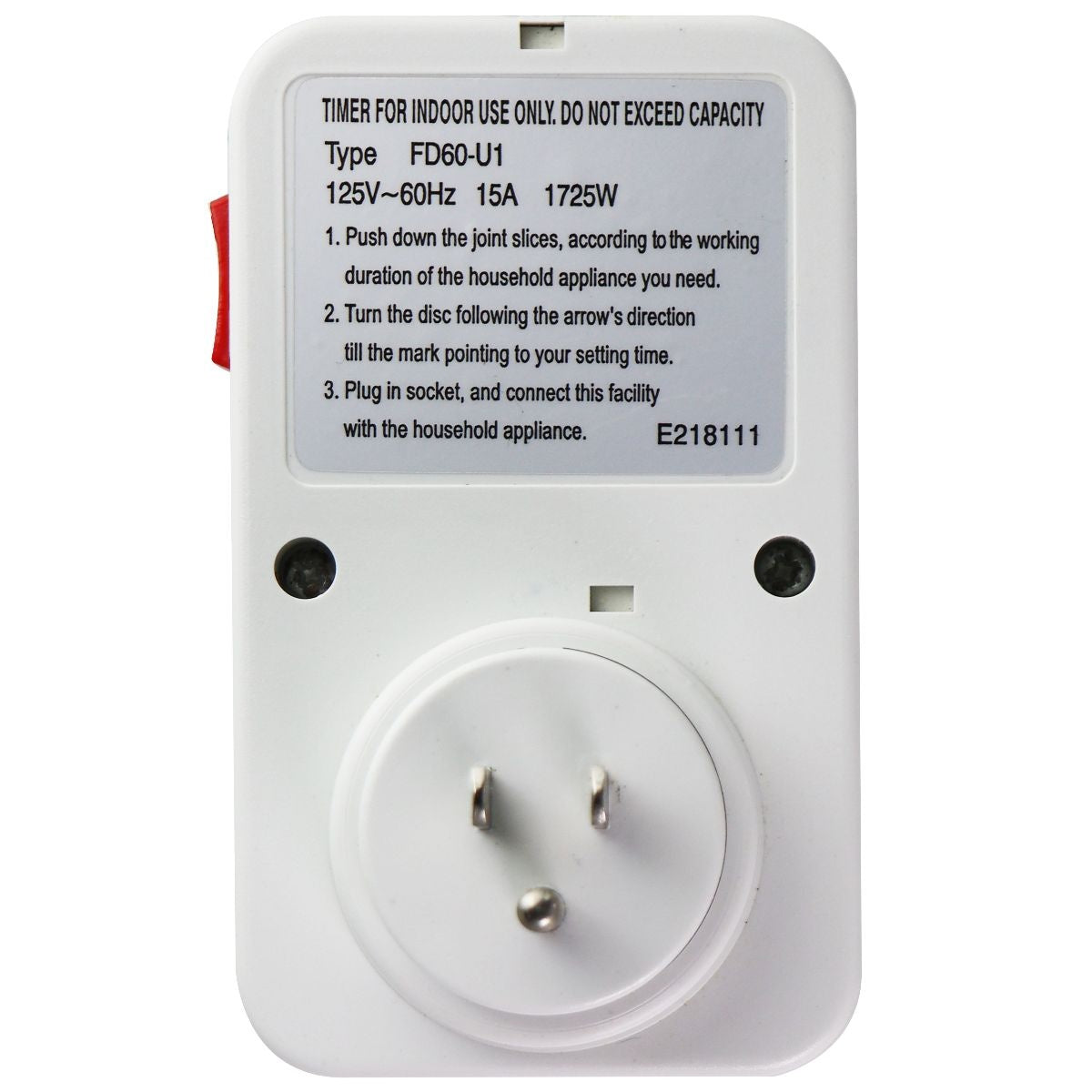24 Hour Plug-in Indoor Timer - Grounded AC Outlet, 1725W 1/2 HP (FD60 U1) - Perfect for Lights, Pumps & Holiday Decorations