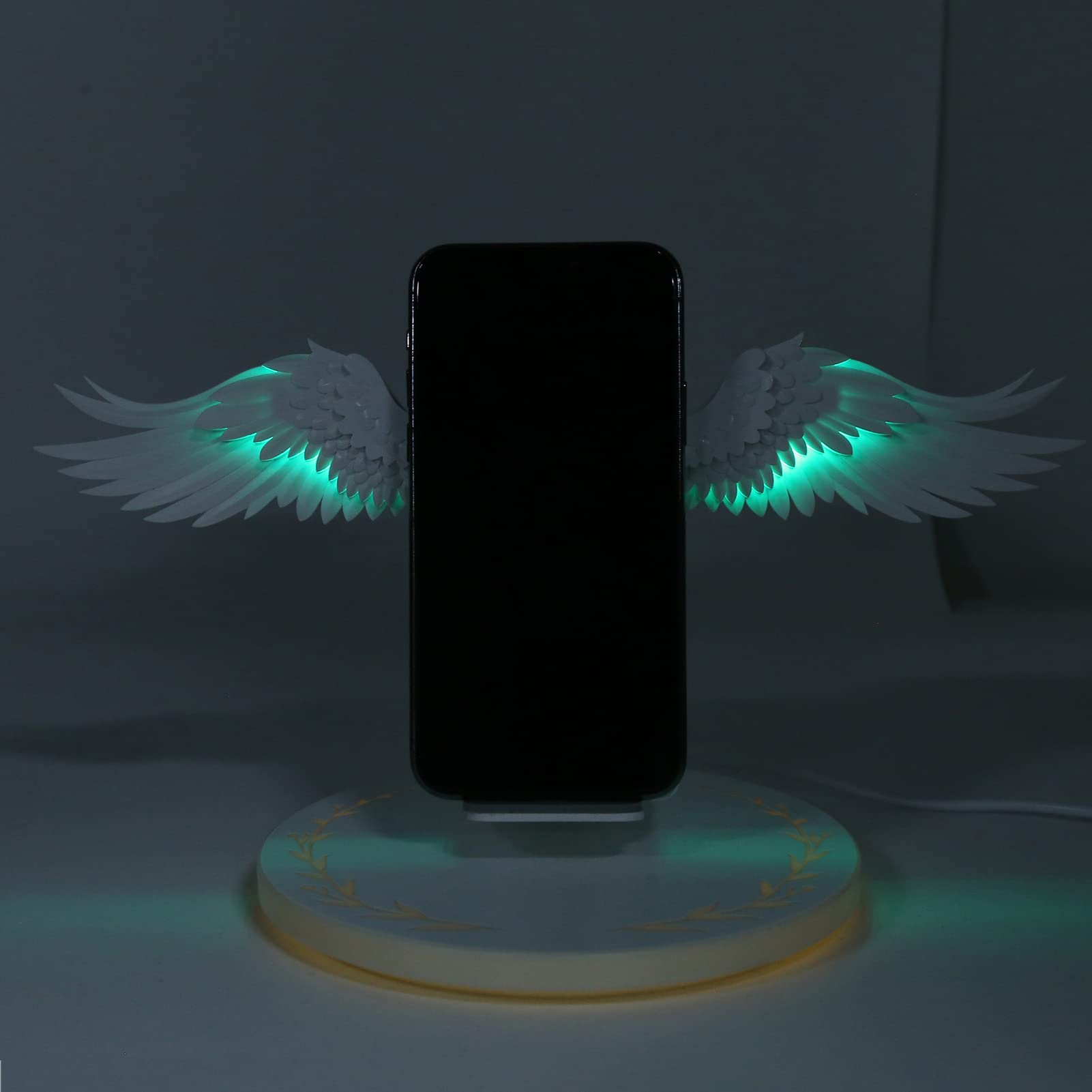 10W Fast Wireless Charging Stand with Angel Wing Design - 7 Color LED Light, Overload Protection, Qi-Certified for iPhone 15/14/13/12, Samsung Galaxy S23/S22/S21, AirPods - Perfect for Bedside, Office & Car Use