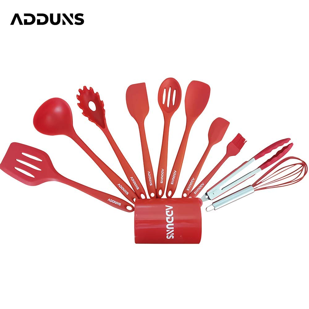 Premium 10-Piece Silicone Kitchen Utensil Set with Holder - Heat Resistant, Non-Slip Grip Cooking Tools (Red) - Perfect for Baking, Cooking & Serving - Ideal Gift for Home Chefs