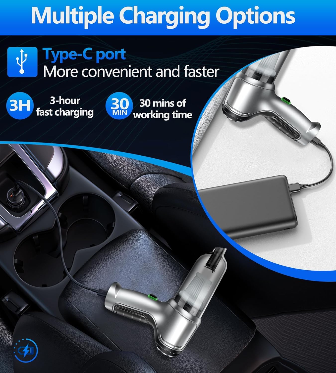 Wireless Handheld Vacuum Cleaner for Car & Home - 15000PA Strong Suction, USB-C Rechargeable, 3-in-1 Multifunctional with Brushless Motor | Perfect for Keyboard Cleaning, Car Detailing, Sofa & Pet Hair Removal