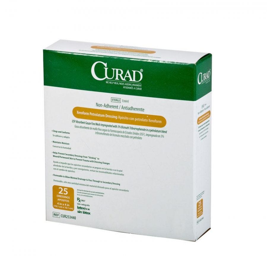 CURAD Sterile Xeroform Gauze 4x4 Inches (10x10cm) - Pack of 25 | Petrolatum Dressing for Wounds, Burns & Surgical Sites | First Aid & Medical Supplies for Home, Clinic & Hospital Use