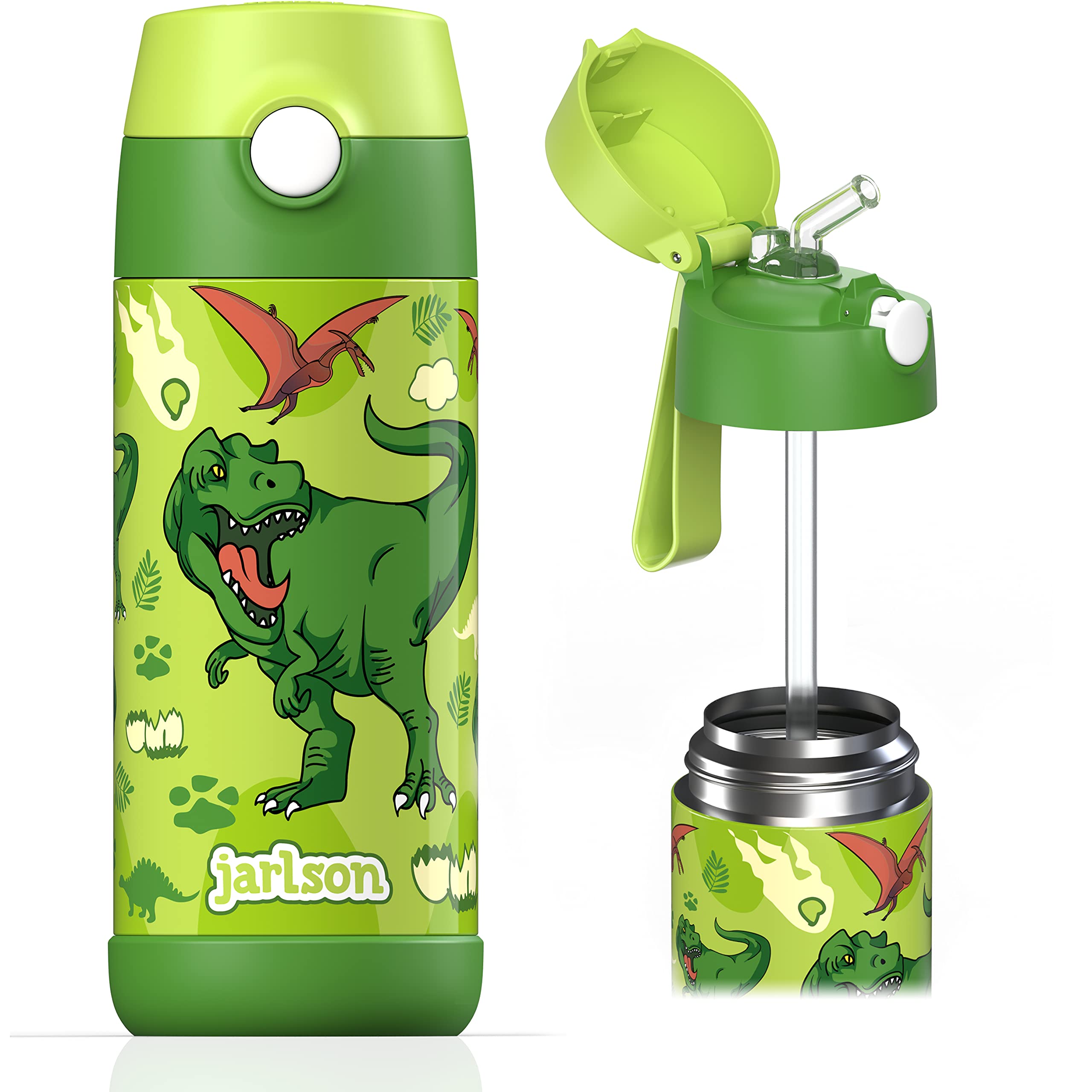 CHARLI Insulated Stainless Steel Water Bottle with Straw for Kids - 12oz Leakproof Thermos for School, Sports & Outdoor Activities (Dinosaur Star Design) - BPA Free Bottle for Boys & Girls
