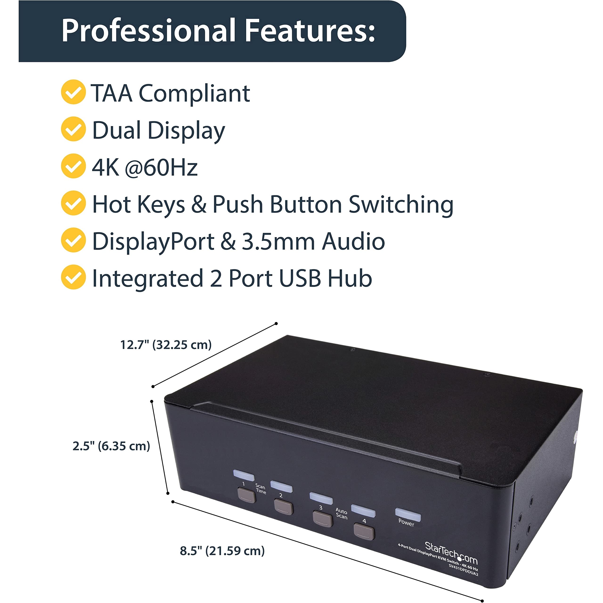 StarTech.com SV431DPDDUA2 4-Port DisplayPort KVM Switch - Dual Monitor Support, 4K 60Hz Resolution, USB Peripheral Sharing - Perfect for Multi-Computer Workstations, Gaming Setups & Office Environments