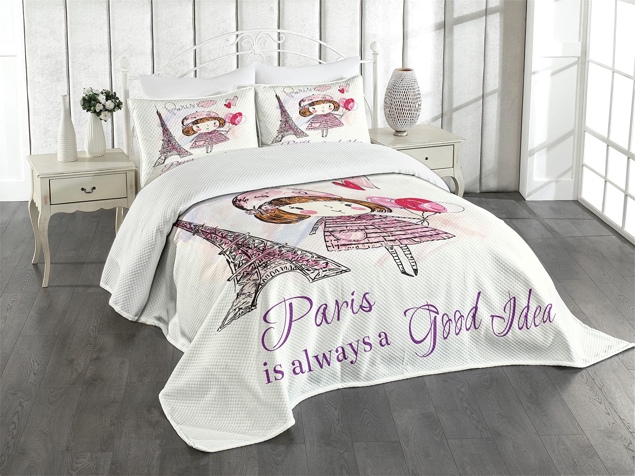 Ambesonne Paris 3-Piece Queen Size Bedspread Set with Little Girl Holding Balloons, Hearts, Cloud and Eiffel Tower Illustration - Pale Pink Purple White Decorative Bedding Coverlet & 2 Pillow Shams | Perfect for Girls' Bedroom, Nursery Decor, Paris-Themed Room, and Gift Ideas
