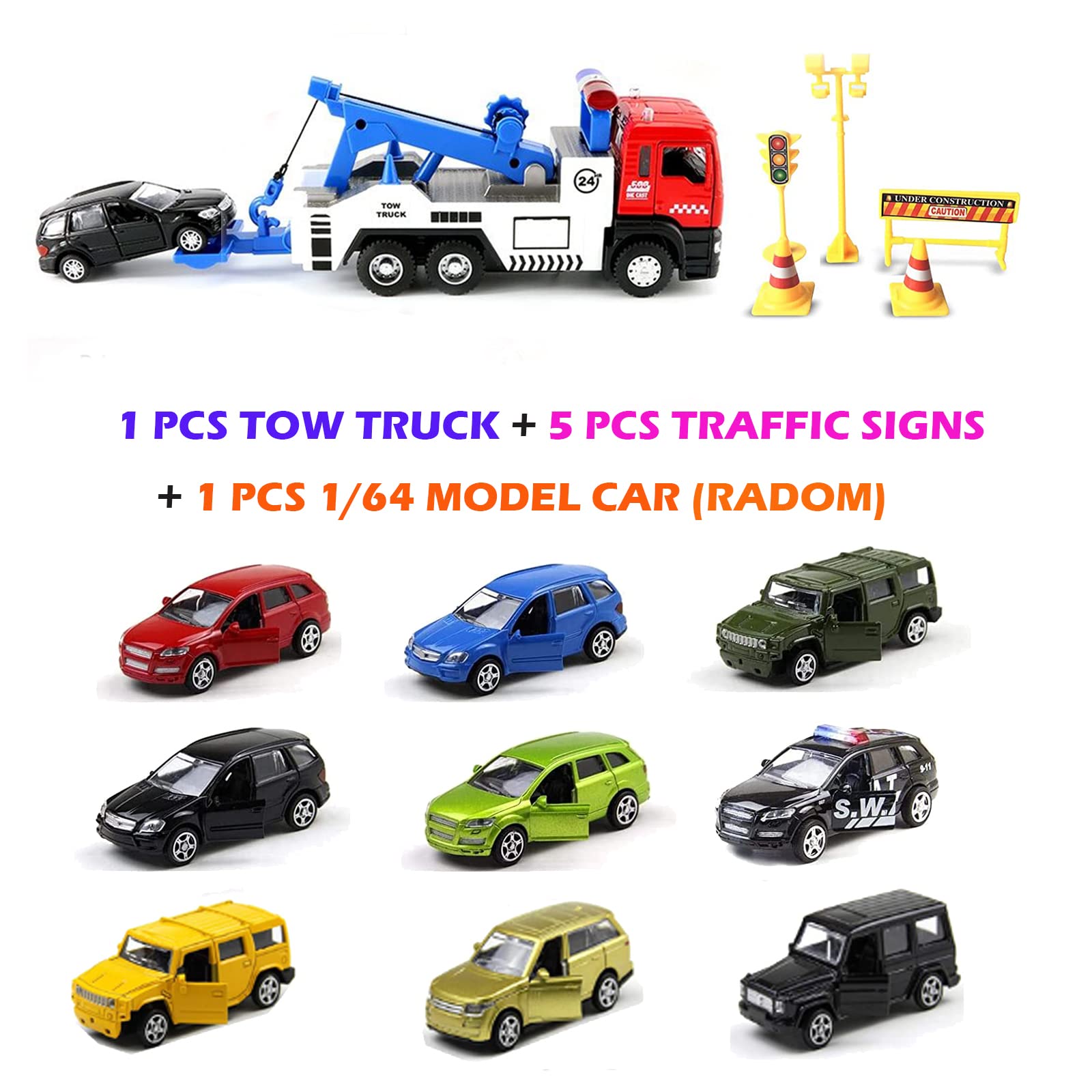 Metal Diecast Toy Tow Truck with Pull Back Action, Lights & Sounds - Miniature Car for Boys (Includes 5 Traffic Signs) - Perfect for Pretend Play, Collecting & Kids' Car Games