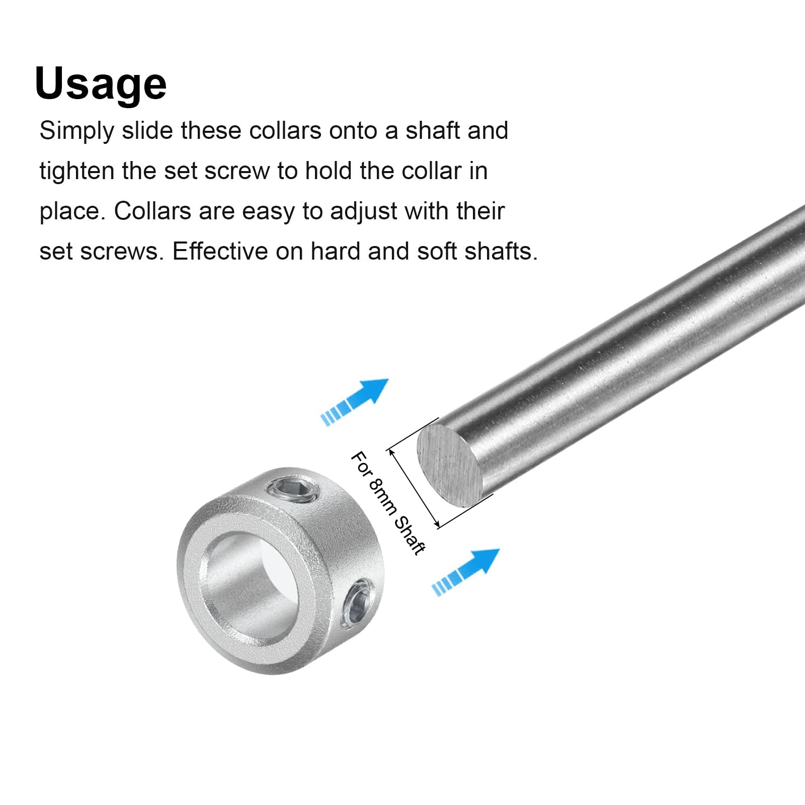 uxcell 8mm Shaft Set Screw Collar - 2pcs Aluminum Alloy Clamping Collars (14mm OD, 8mm Thickness) with M4 Set Screws & Wrench - Perfect for Machinery, Robotics & DIY Projects