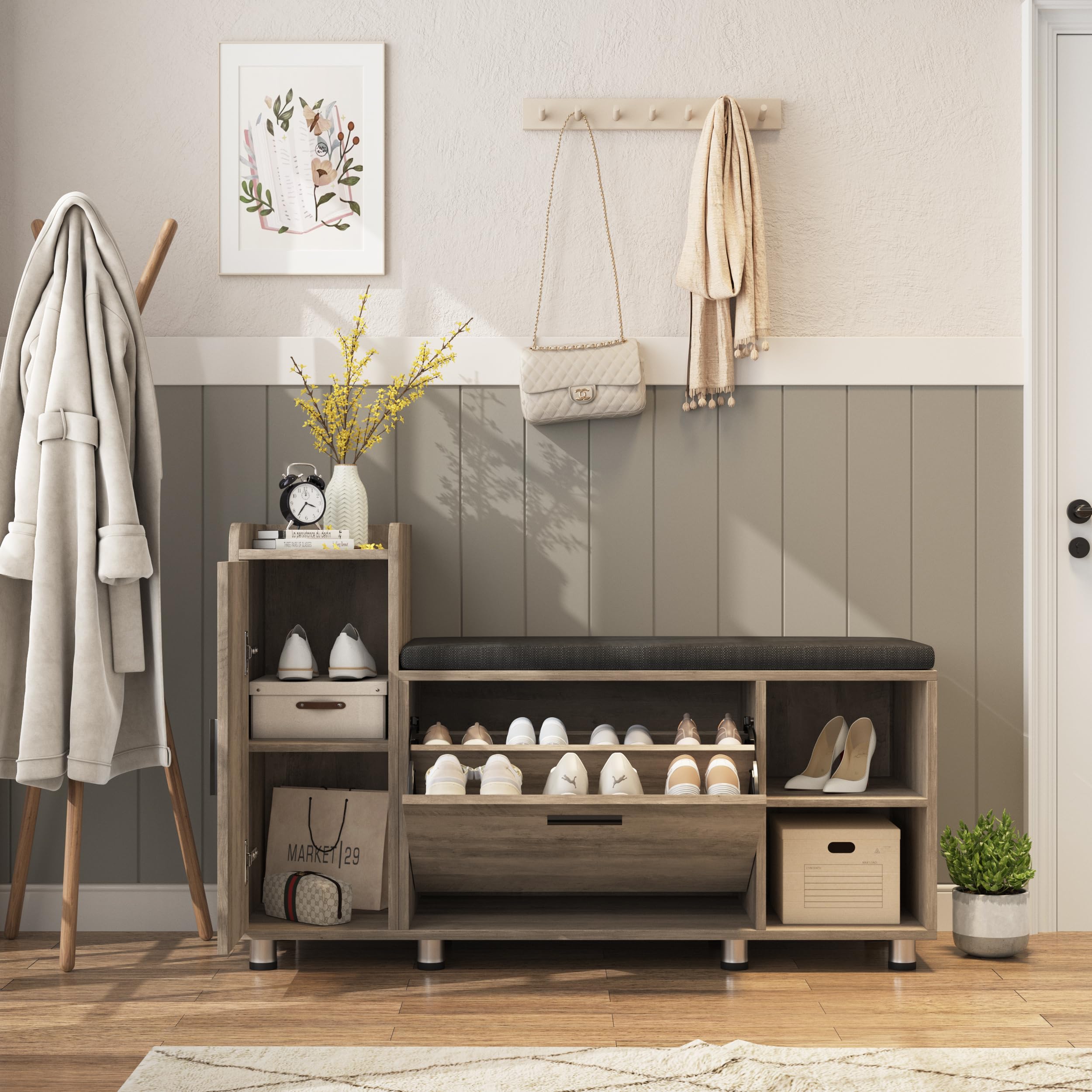 Maupvit Shoe Storage Bench with Flip Drawer Shoe Cabinet - 8 Height Adjustable Metal Feet, Entryway Bench with Removable Seat Cushion - Shoe Organizer for Hallway, Living Room & Bedroom - Washed Gray Modern Entry Furniture