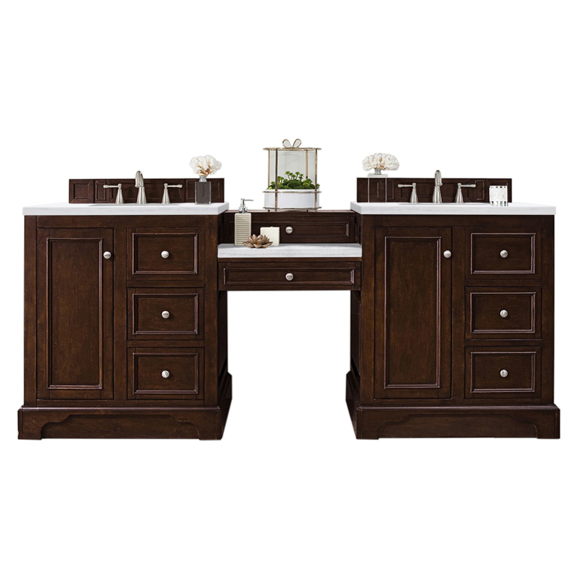 De Soto 82 Inch Double Vanity Set with Makeup Table - Burnished Mahogany Finish & 3CM Arctic Fall Solid Surface Top - Perfect for Master Bathroom Renovation & Luxury Home Decor