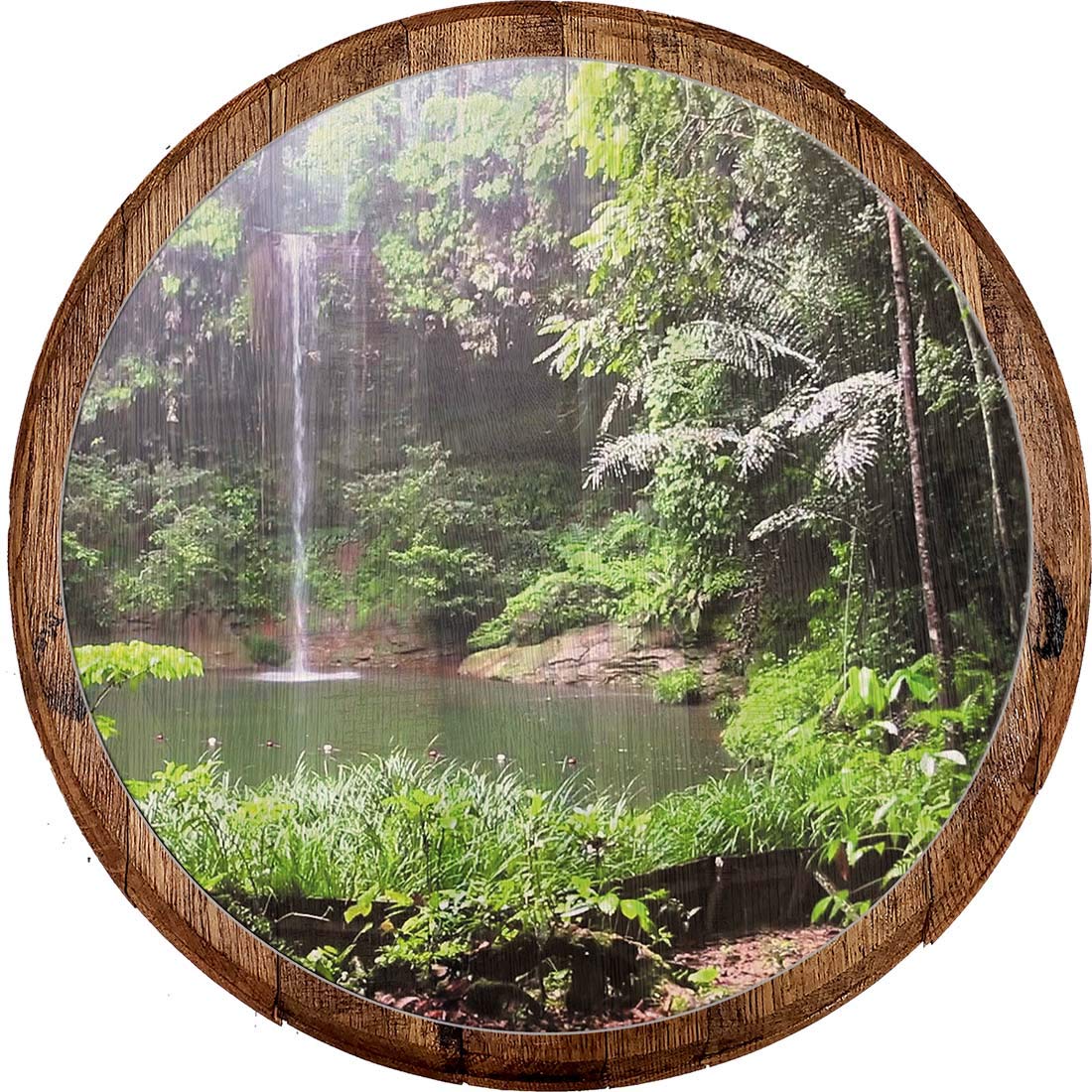 Whiskey Barrel Head Wall Art - Jungle Rainforest Waterfall & Hidden Lake Hiking Scene Wooden Wall Decor for Cabin, Man Cave, or Rustic Home Décor