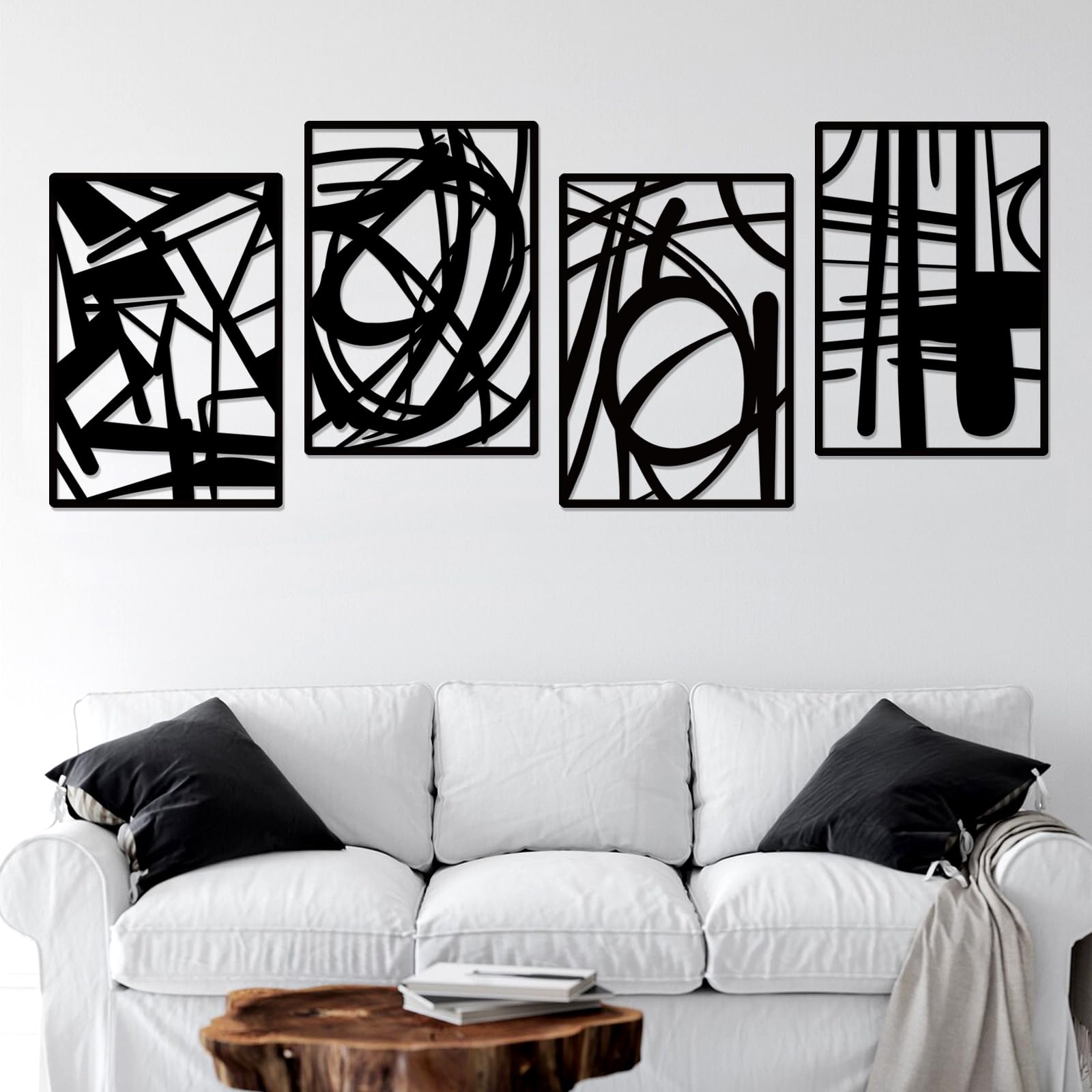 4-Piece Black Abstract Metal Wall Art Set - Minimalist Single Line 3D Textured Sculptures for Farmhouse, Bedroom & Living Room Decor | Indoor & Outdoor Wall Decorations for Modern Home & Office Spaces