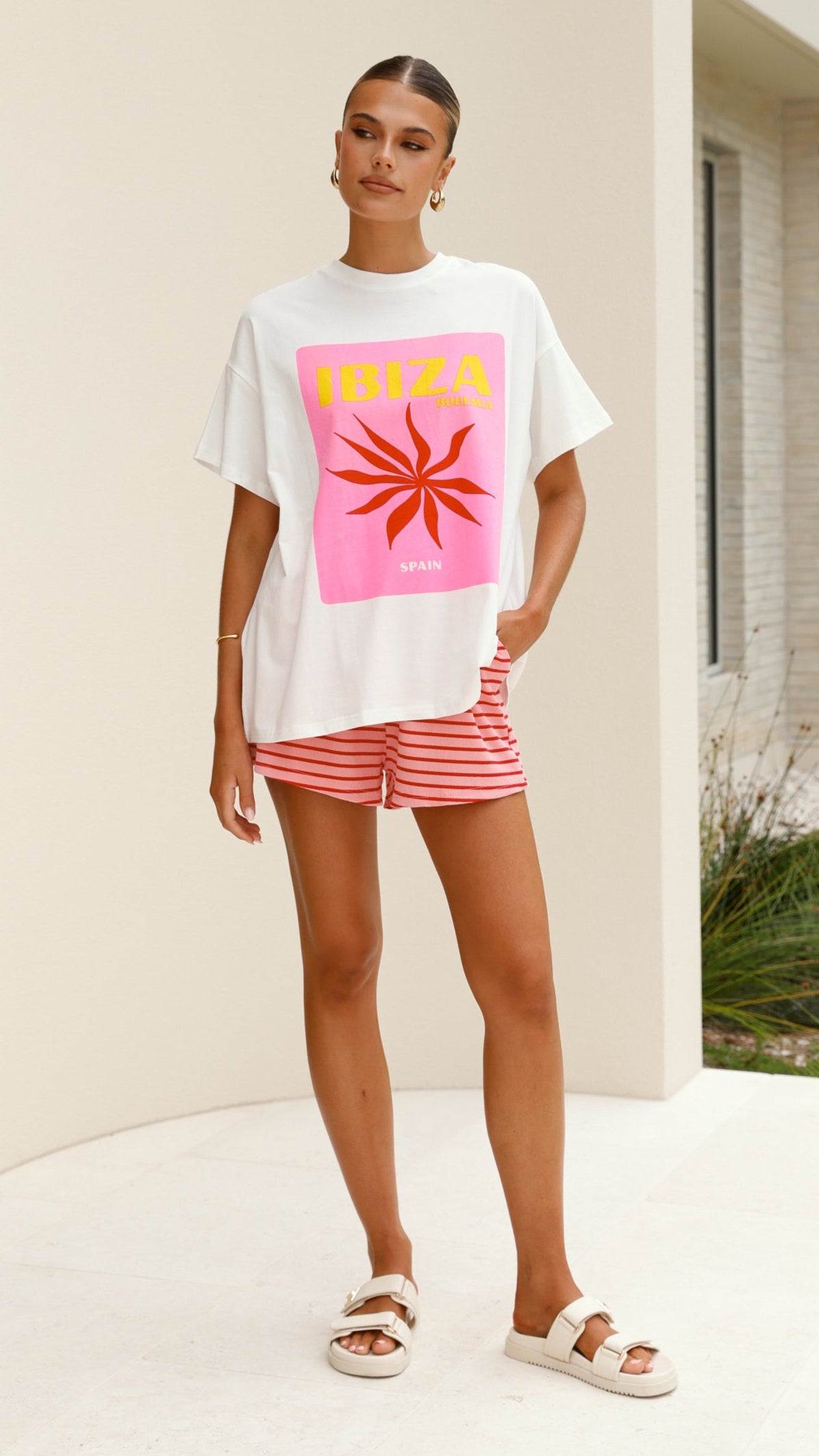 Ibiza Spain Women's Summer Outfit - Pink & Red Matching Top and Shorts Set for Beach, Pool, and Vacation