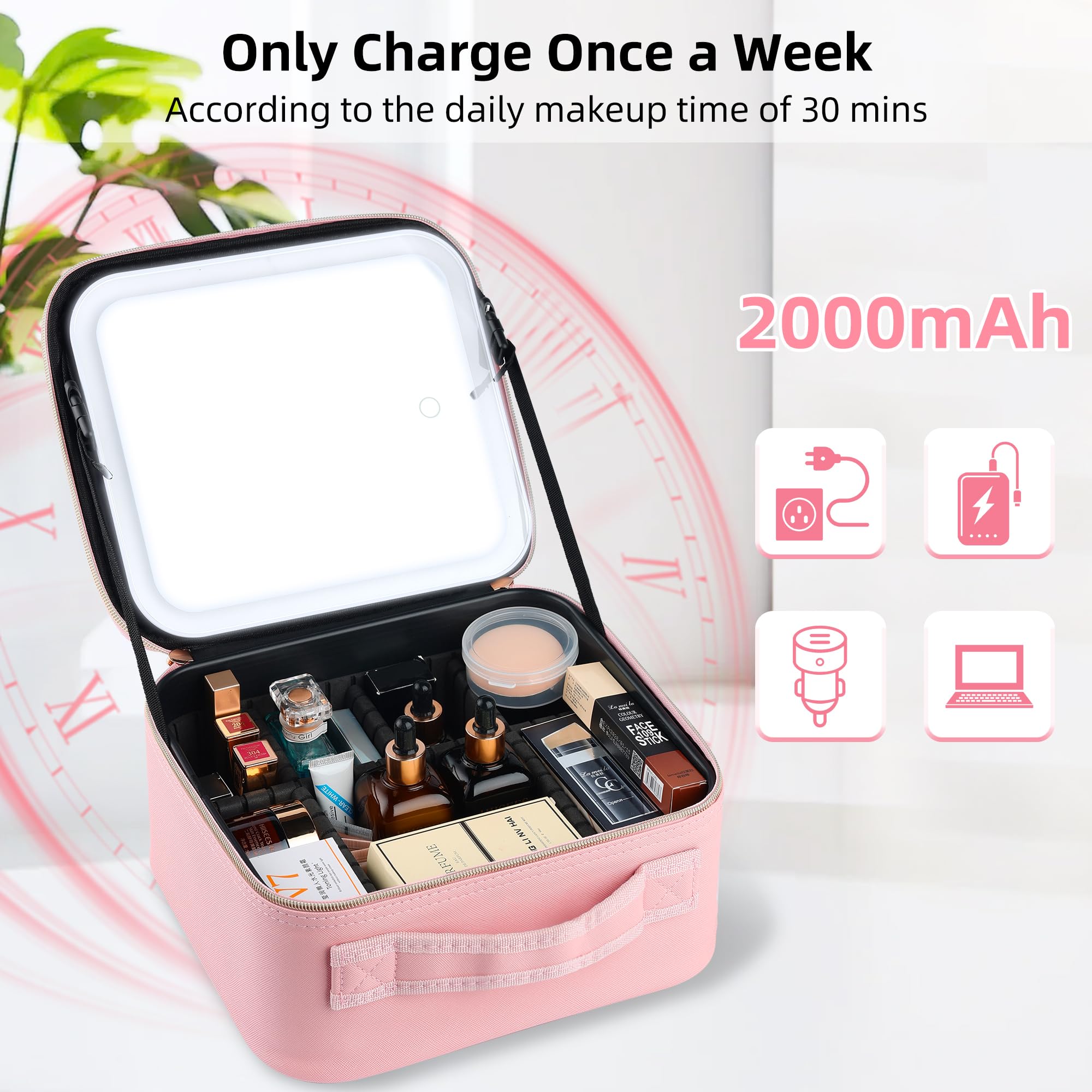 LED Makeup Bag with Lighted Mirror - Portable Travel Cosmetic Organizer with Adjustable Dividers, Waterproof Makeup Train Case for Women | Perfect for Travel, Home Use & Professional Makeup Artists (Pink)