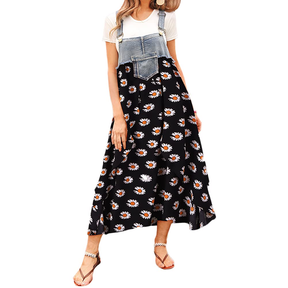 Women's Denim Dungaree Dress with Suspenders - Loose Long Ruffled Pinafore Skirt with Plaid Print | Elegant Bib Overall Dress for Ladies & Girls | Perfect for Casual Outings, Date Nights & Fashion Events