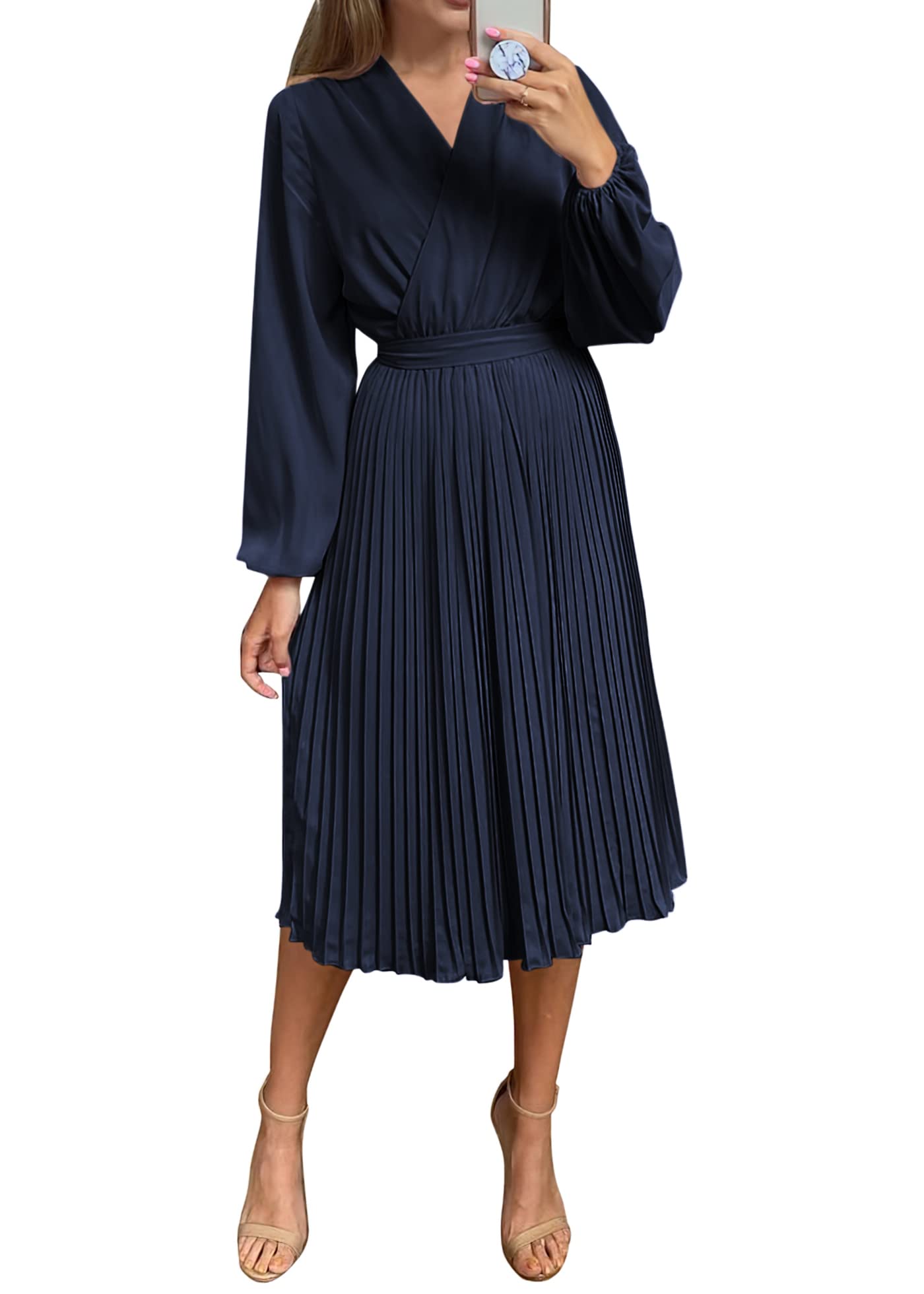 PRETTYGARDEN Women's Flowy Wrap Dress with Puff Sleeves - V-Neck Midi Dress with Ruffle & Pleated Details for Spring/Summer/Fall - Perfect for Casual Outings, Date Nights & Office Wear