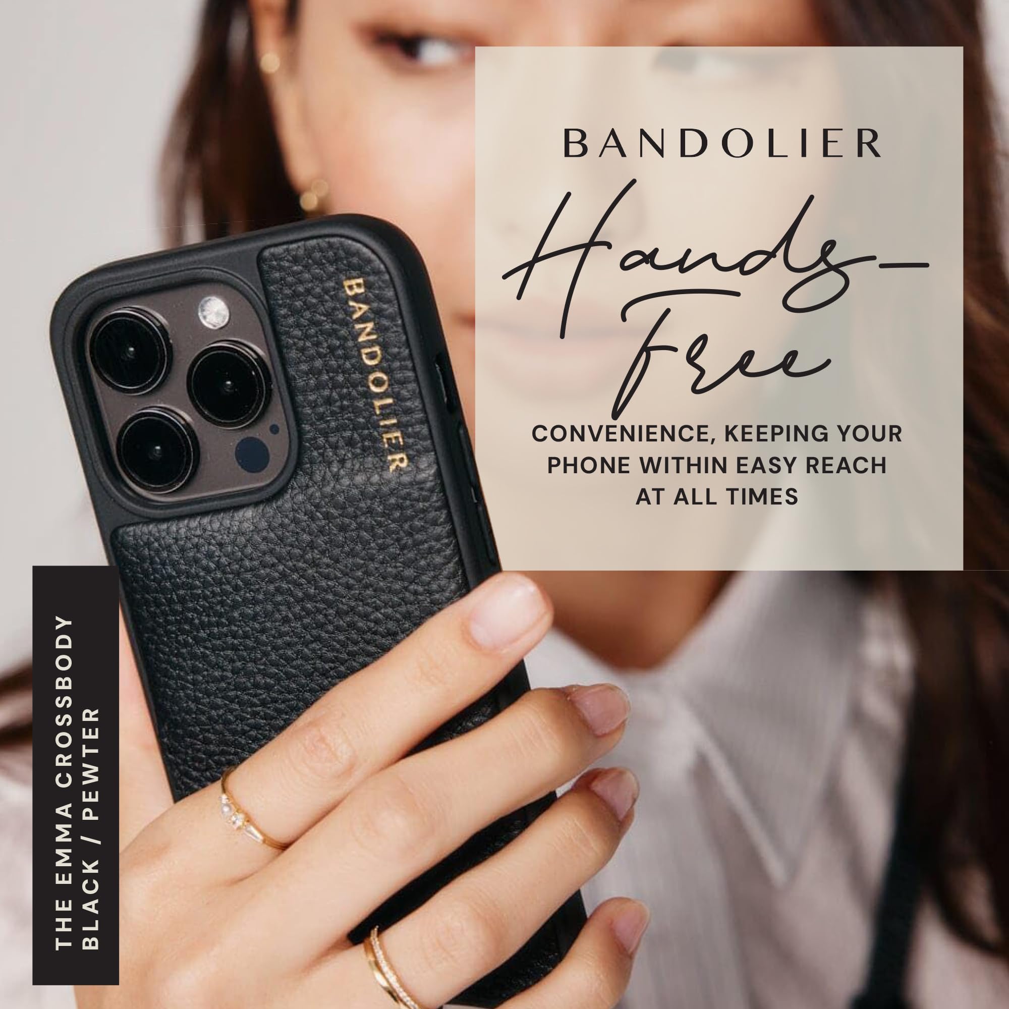 **Genuine Pebble Leather Bandolier Emma Crossbody Wallet Phone Case for iPhone 16 Pro – Adjustable & Removable Strap, Card Holder with Snap Closure (Black & Pewter Hardware) – Perfect for Travel, Shopping & Everyday Use**