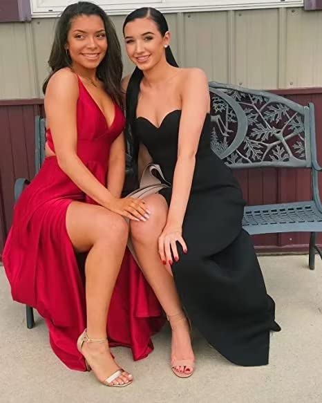 Elegant RJOAM Women's V-Neck Long Prom Dress with High Slit - Satin Sleeveless Evening Gown for Weddings, Parties & Formal Events - Teal Green Size 6 - Perfect for Homecoming, Cocktail Parties & Special Occasions