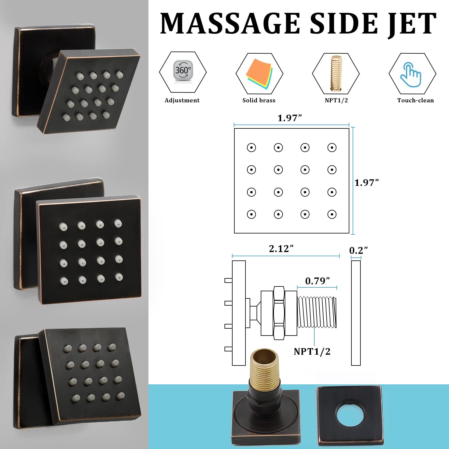 Premium 2 Inch Brass Square Massage Shower Body Spray Jets - Oil Rubbed Bronze Finish - Set of 6 - Luxury Bathroom Upgrade for Spa-Like Experience