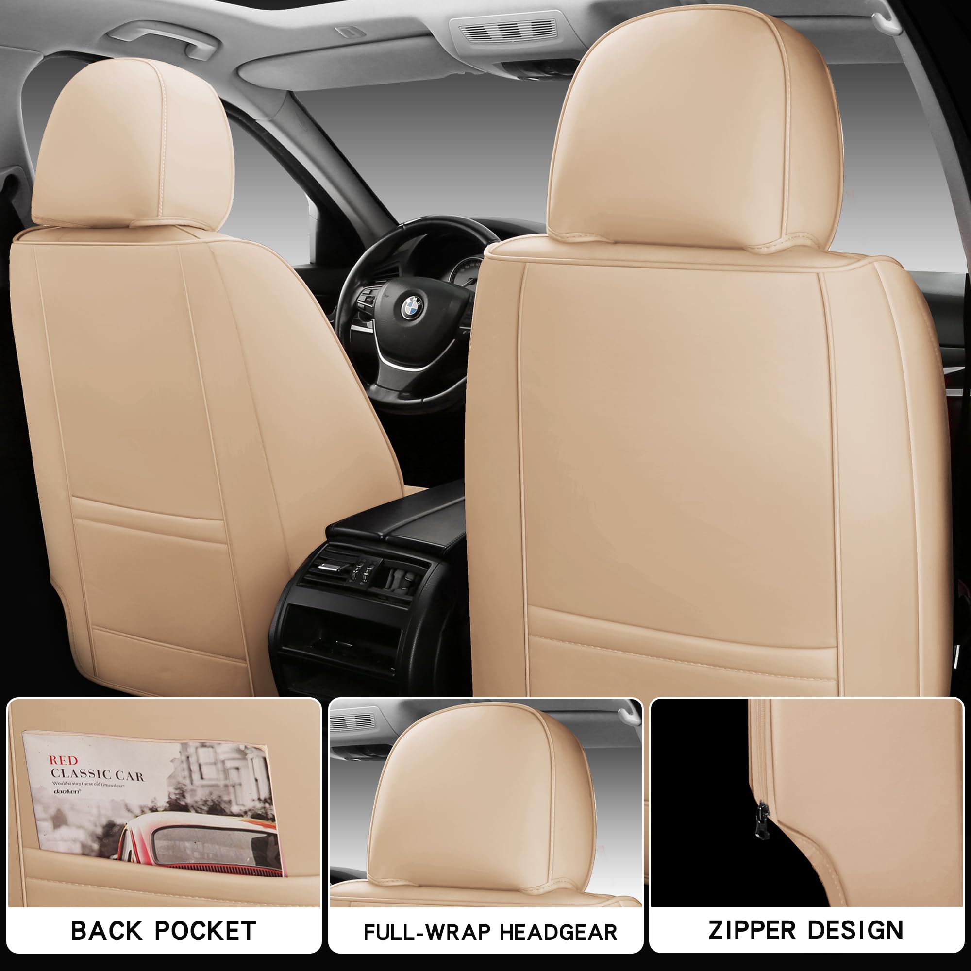 Premium Full Coverage Leather Car Seat Covers Set - Waterproof & Universal Fit for Cars, Trucks, Sedans - Luxury Beige Seat Protector & Cushion (5 Seats) - Perfect for Road Trips, Daily Commutes & Vehicle Protection