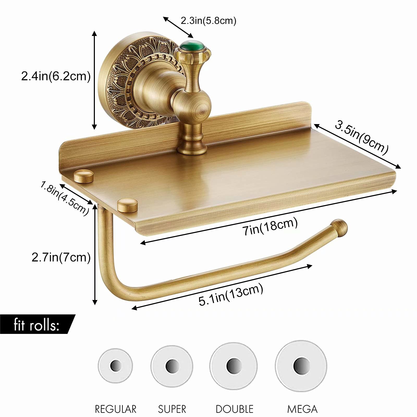 Beelee Solid Brass Wall-Mounted Toilet Paper Holder with Phone Shelf - Antique Brass Bathroom Tissue Roll Dispenser - Perfect for Bathroom, Powder Room & Vanity Organization