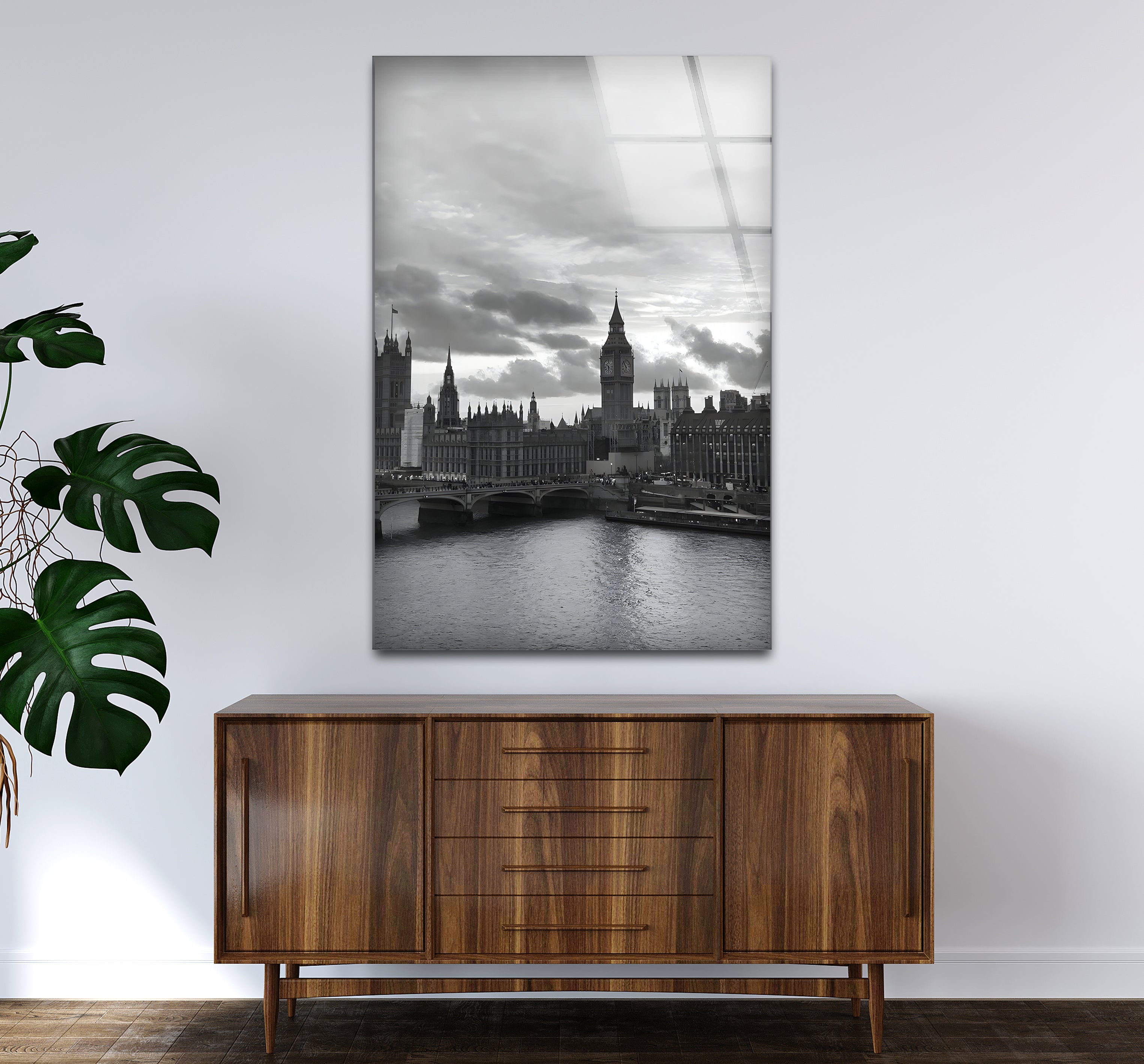 Black and White London Skyline Glass Wall Art - Elegant Cityscape Decor for Living Room, Office & Home