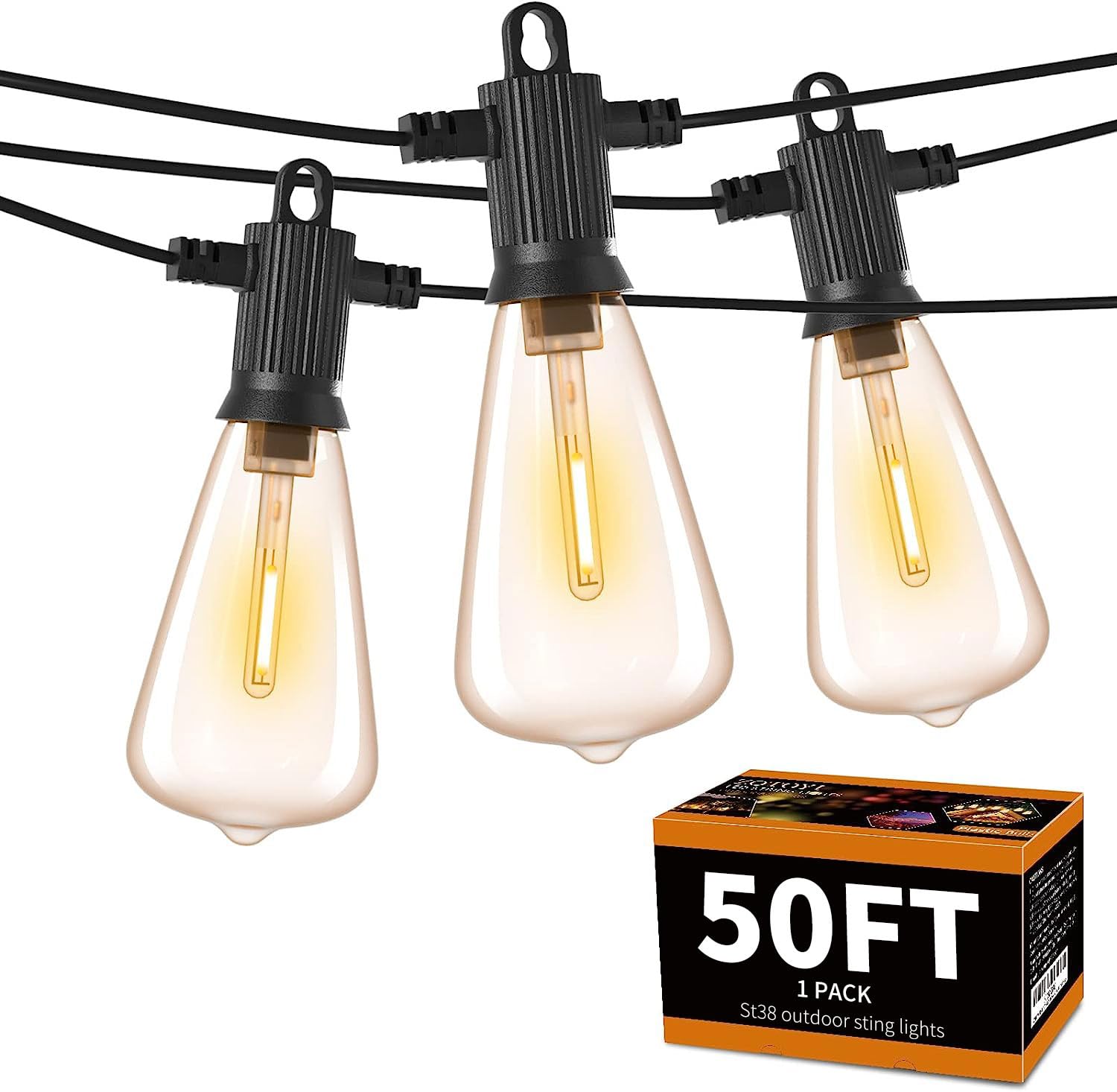 ZOTOYI 50FT Outdoor String Lights with 27 LED ST38 Edison Bulbs (2 Spare Included) - IP65 Waterproof Dimmable 2700K Warm White Patio Lights for Garden, Backyard, Cafe, Porch, Gazebo - Perfect for Romantic Evenings, Outdoor Dining & Party Decorations