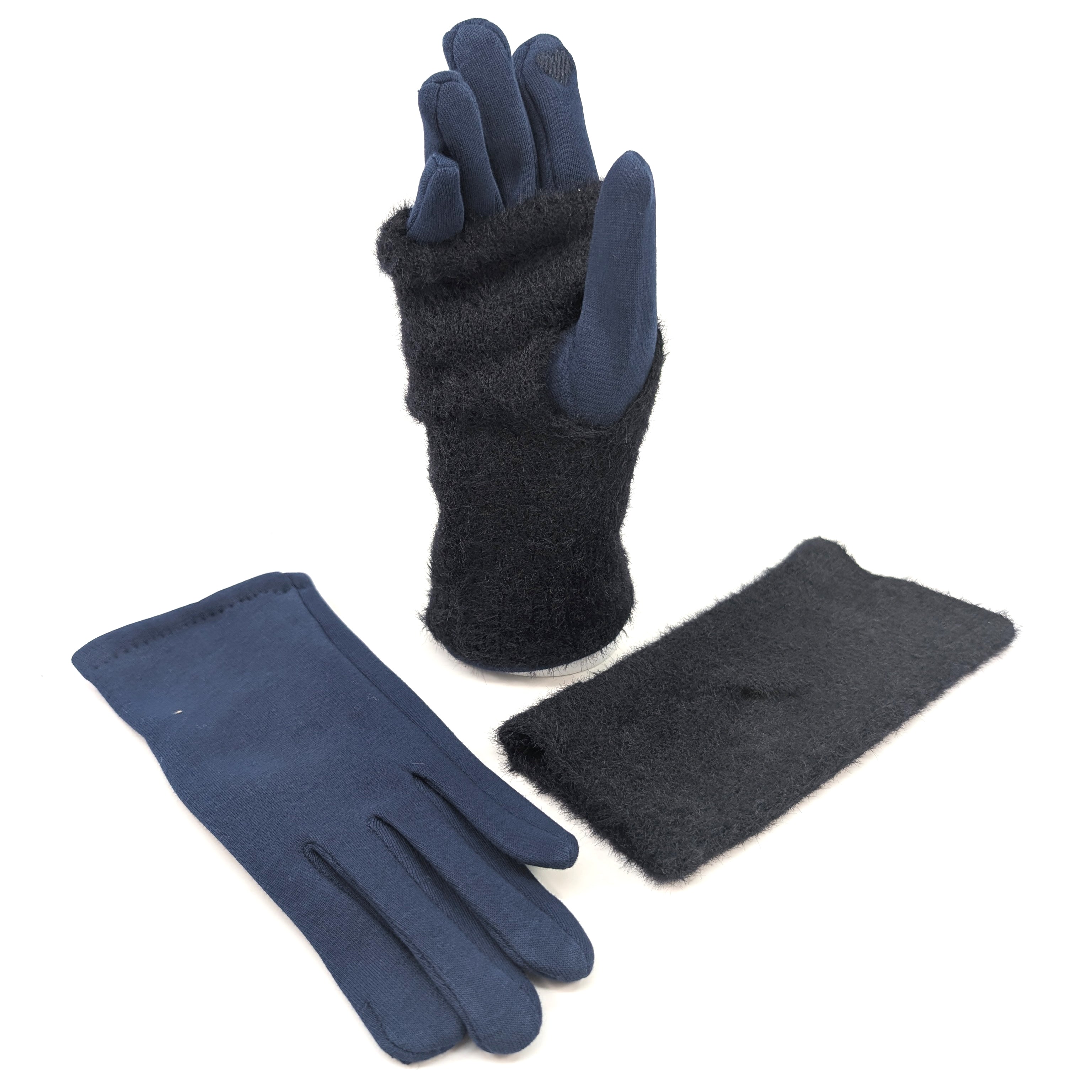 Warm Navy Blue Faux Fur Convertible Gloves - Touchscreen Compatible for Winter Outdoor Activities & Fashion
