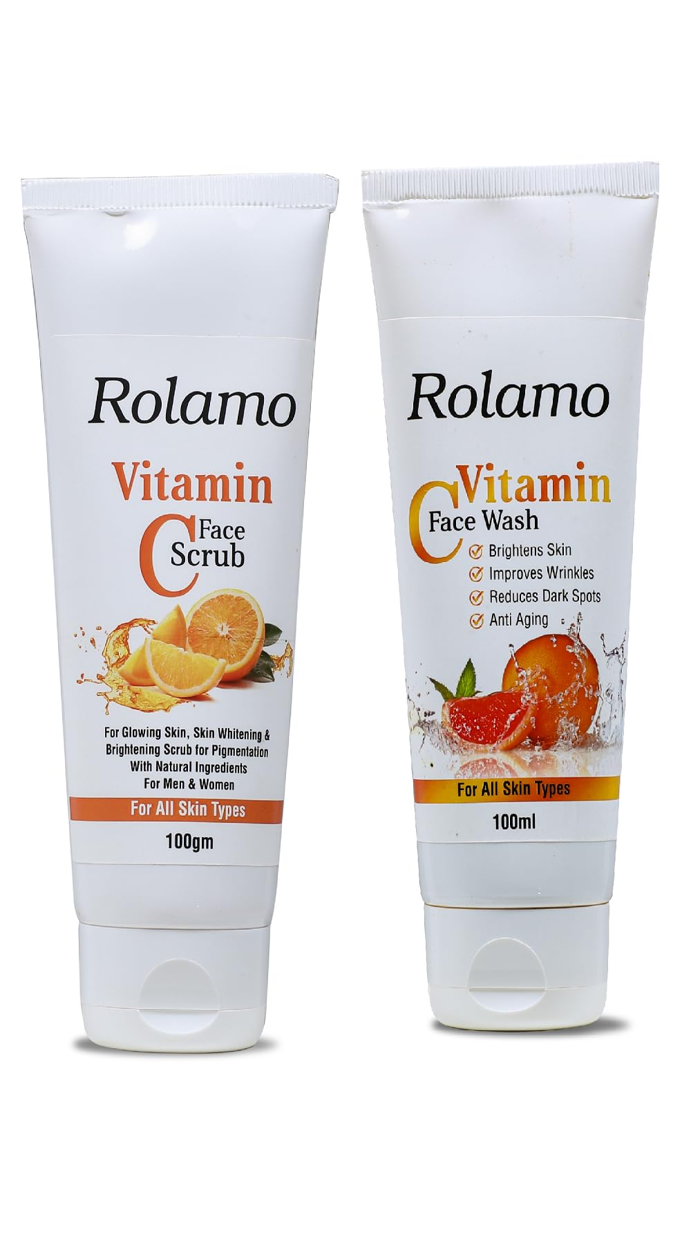 Rolamo Vitamin C Face Wash & Scrub Combo Pack (100ml x 2) - Brightening, Tan Removal & Pollution Protection for All Skin Types | Daily Skincare Routine for Glowing Complexion