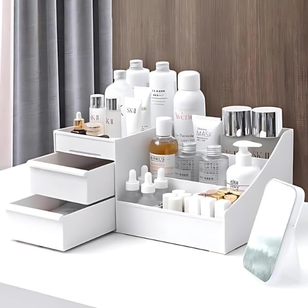 DAOME Cosmetic Organizer Box with Drawers - Plastic Makeup Storage Organizer for Vanity, Bathroom & Travel | Beauty Accessories Organizer for Women | Perfect for Cosmetics, Jewelry & Stationery Storage