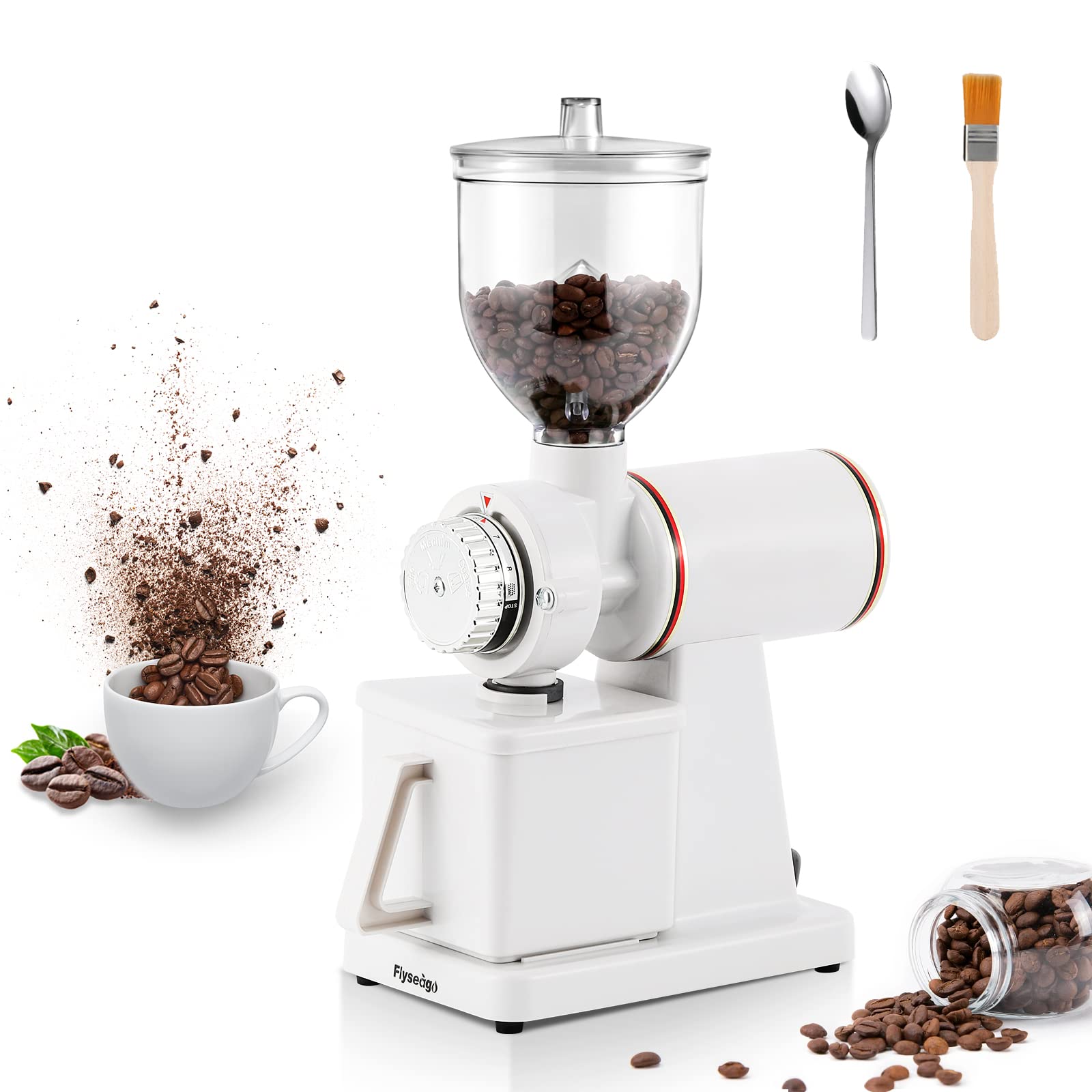 Premium Electric Burr Coffee Grinder for Espresso & Drip Coffee - Commercial & Home Use with Adjustable Grind Settings, Silent Operation, Includes Hopper, Brush & Spoon (White) - Perfect for Coffee Shops, Offices & Home Brewing Enthusiasts
