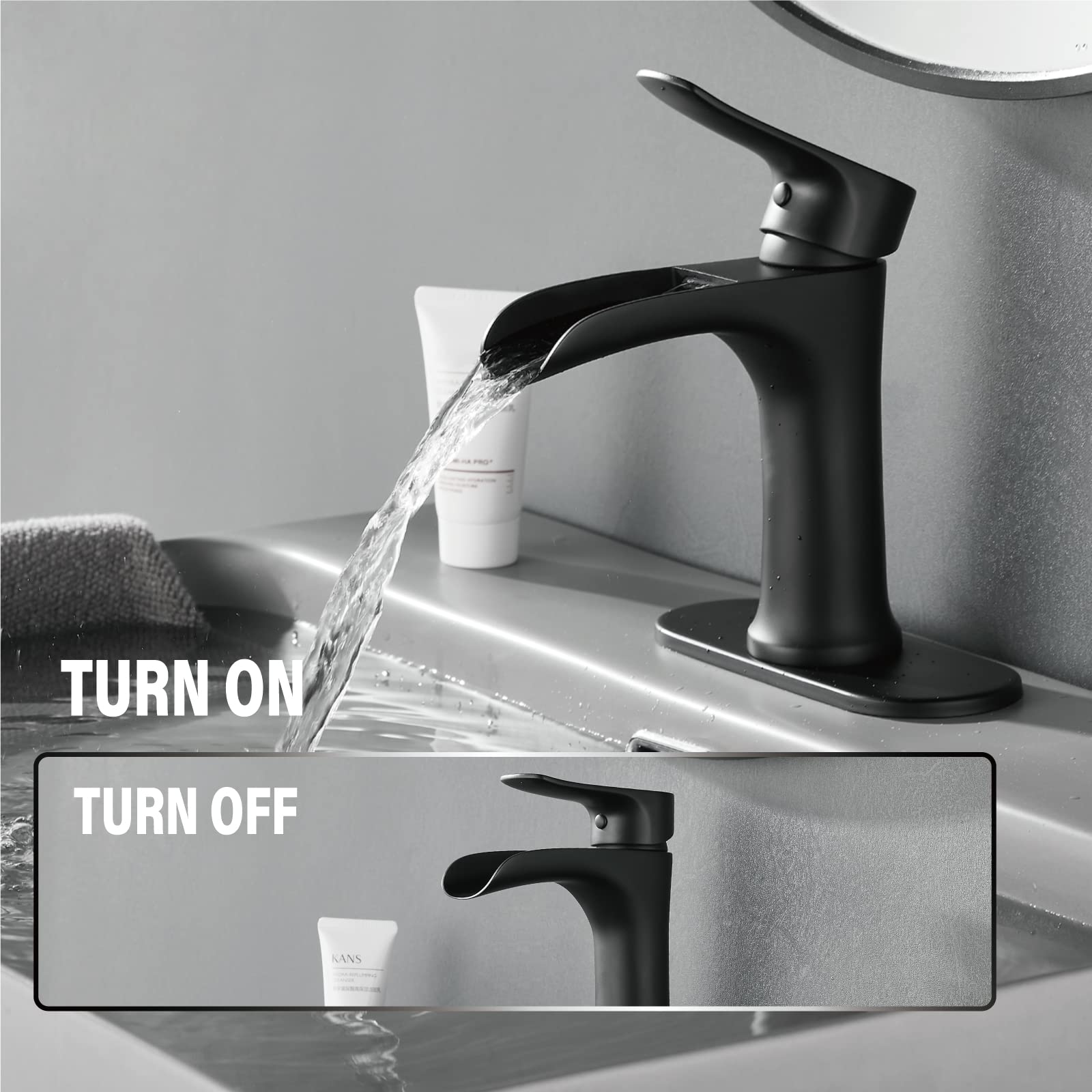 Yundoom Matte Black Bathroom Sink Faucet - Waterfall Single Hole or 3 Hole Bathroom Faucet with 4 Inch Deck Plate, Farmhouse RV Brass Faucet BF02 - Perfect for Modern Bathroom, Guest Bath, RV & Tiny House