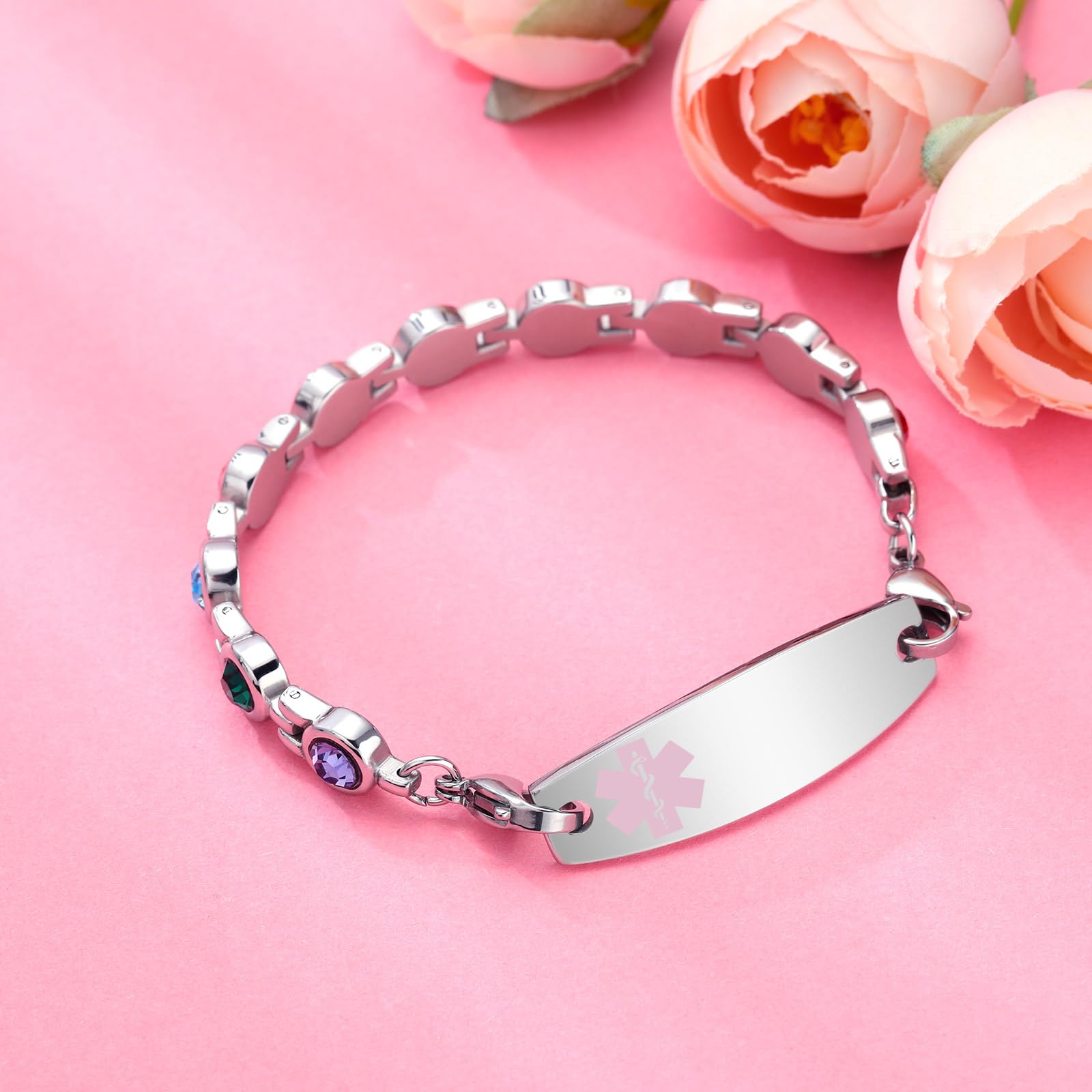 Custom Engraved Stainless Steel Medical ID Bracelet for Women & Girls - Personalized CZ Inlaid Medical Alert Bracelet with Free Medical Card | Perfect for Emergency Health Identification, Daily Wear & Special Needs