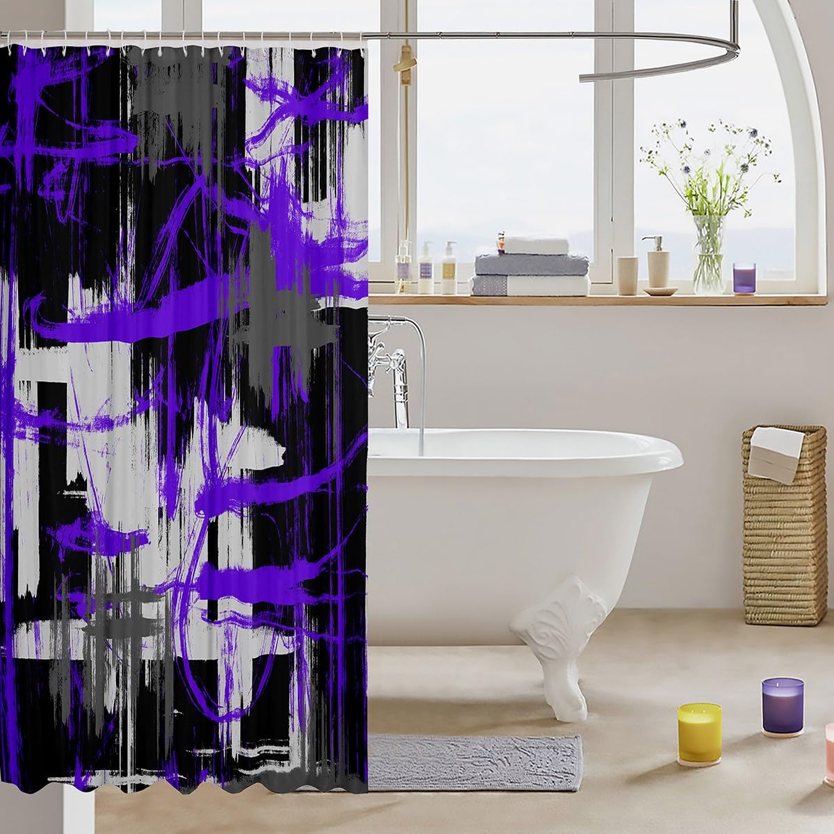 Feelyou Purple Black Grey Shower Curtain 72x72 Inches - Waterproof Abstract Art Bath Curtain Set with Geometric Patterns for Kids Bathroom | Modern Striped Design for Nursery, Guest Bath & Apartment Decor
