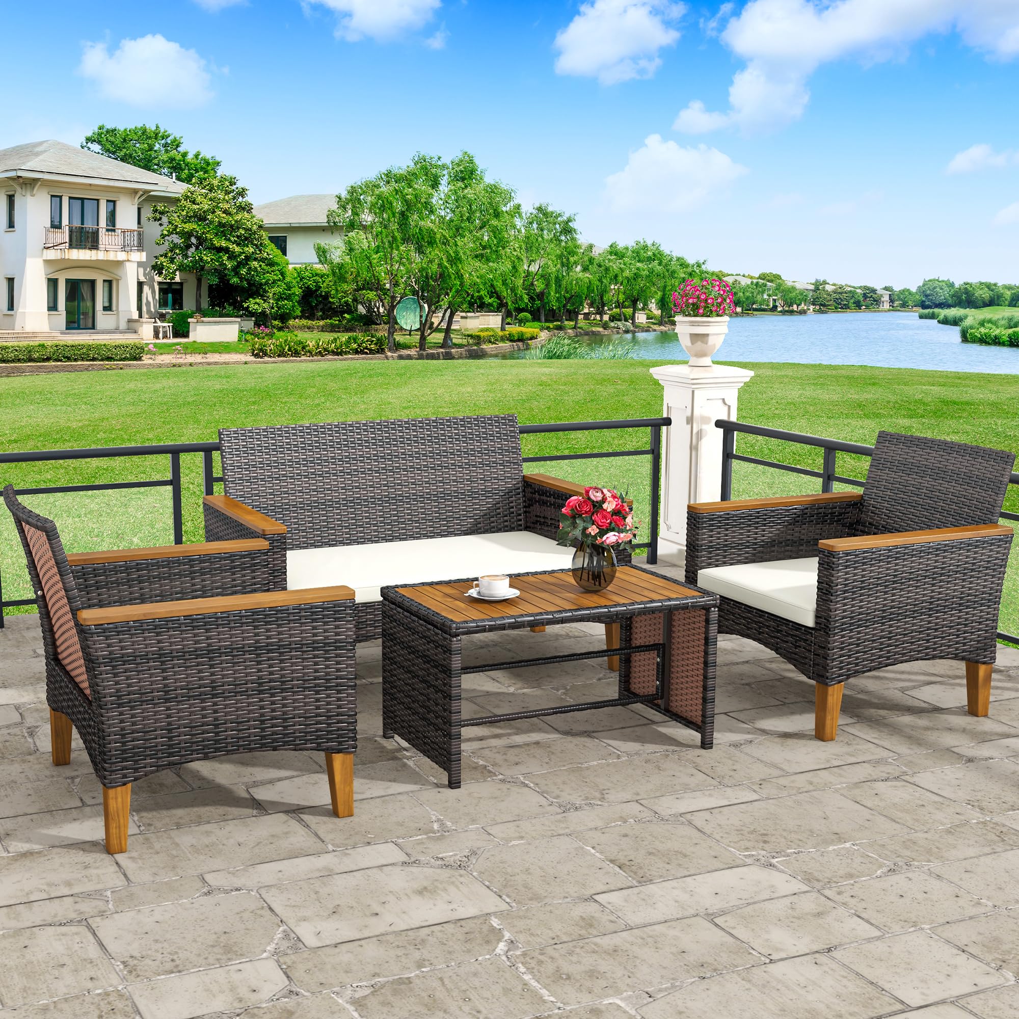 YITAHOME 4-Piece All-Weather Outdoor Patio Furniture Set - Wooden Armrest Rattan Wicker Conversation Set with Side Table, Cushions & Wooden Feet (Brown/Beige) - Perfect for Garden, Backyard, Poolside & Patio Relaxation