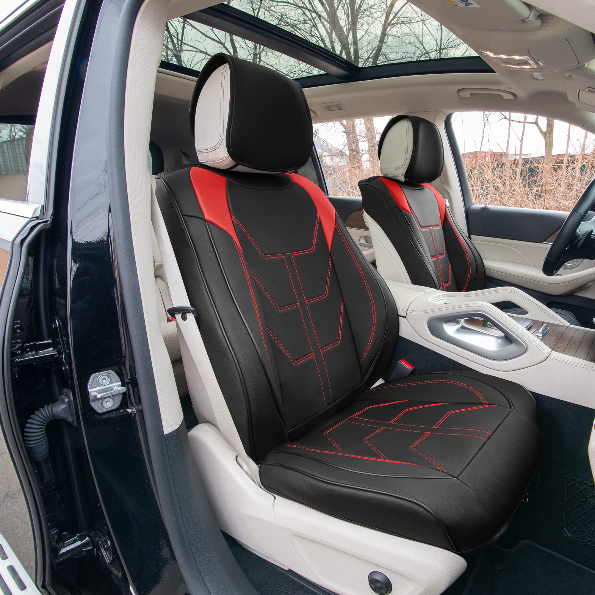 Premium TLH Bionic70 Deluxe Faux Leather Red Car Seat Covers - 2-Pack Universal Fit Front Seat Protectors for Cars, Trucks & SUVs | Waterproof, Anti-Slip Cushion with Contrast Stitching | Perfect for Road Trips, Commuting & Pet Protection