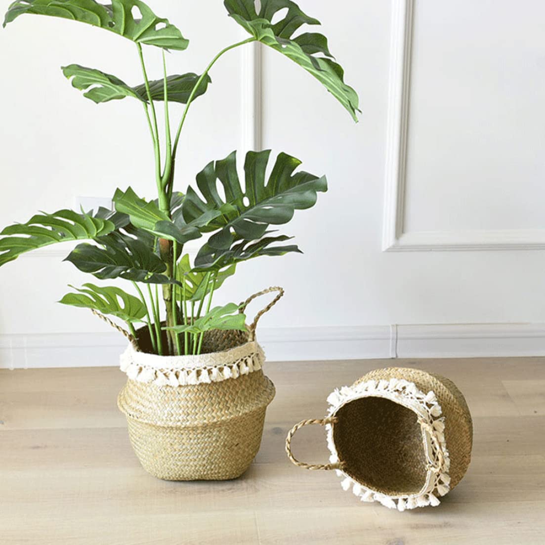 Natural Seagrass Woven Basket with Handles - Foldable Plant Pot, Home Decor Storage Organizer for Laundry, Flowers & Organizing | Stylish White Tassel Accent | Perfect for Boho Home Decor, Bathroom Storage & Nursery Organization