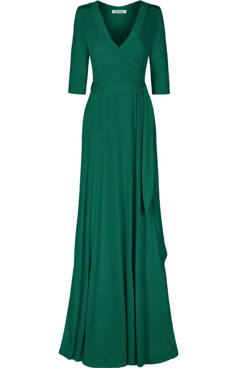 Plus Size Women's 3/4 Sleeve Deep V-Neck Maxi Faux Wrap Dress - Solid Hunter Green 1X | Elegant Casual & Evening Wear for Curvy Women