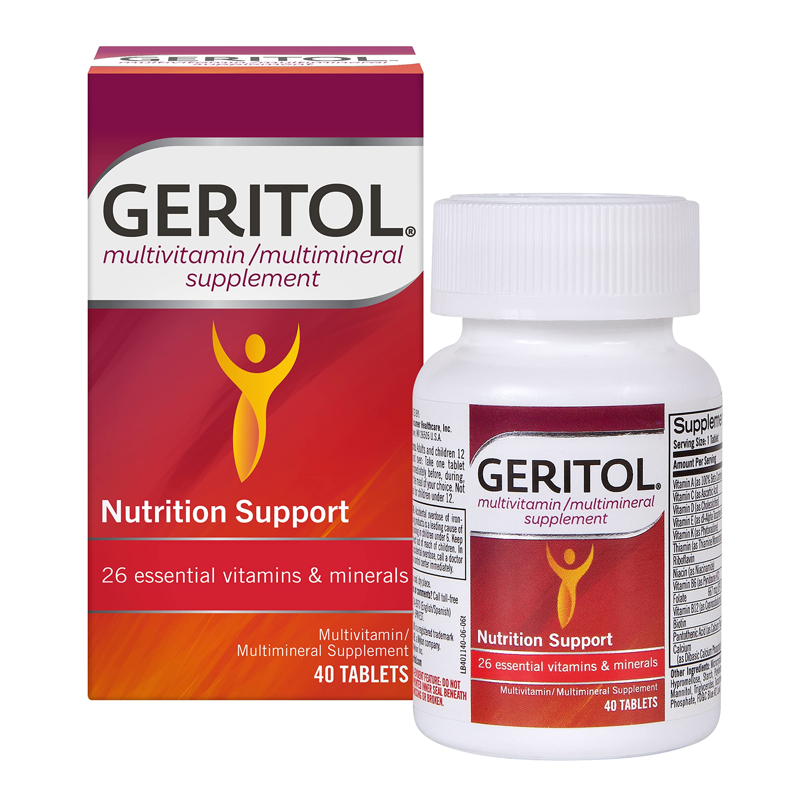 Geritol Multivitamin Supplement with B-Vitamins, Antioxidants, Vitamins C, E & D, Iron - 26 Essential Vitamins & Minerals - Gluten-Free, Non-GMO, No Artificial Sweeteners - 40 Tablets - Supports Energy, Immunity & Overall Wellness for Active Adults