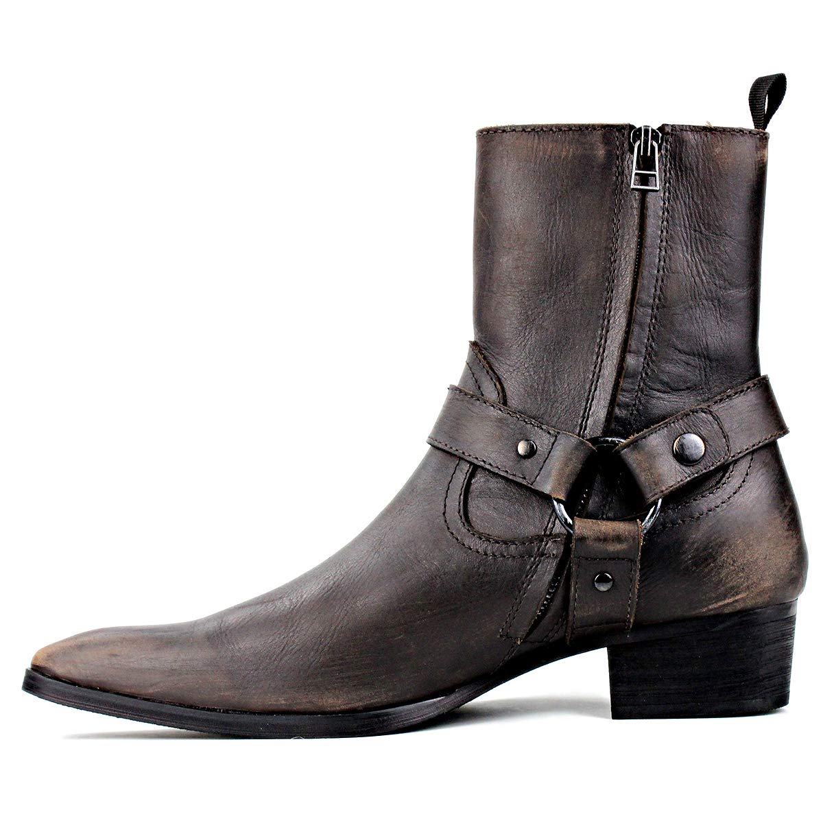 OSSTONE Men's Leather Chelsea Ankle Boots - Side Zipper Chukka Motorcycle Boots with Retro Heel (JY017-R) | Dress Boots for Casual Wear, Riding & Night Out