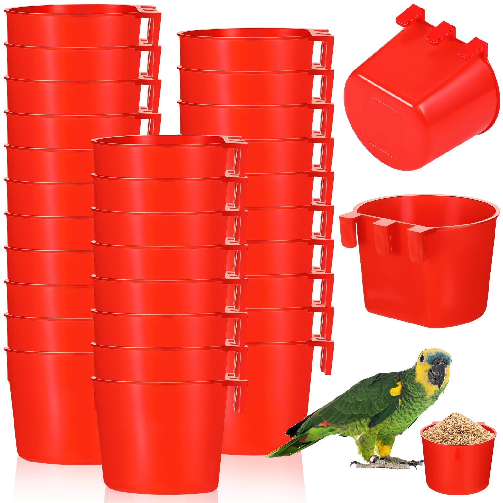 30 Pcs Plastic Bird Feeders and Water Dispenser - Hanging Cage Cups for Small Coop, Parrot, Parakeet, Chicken, Quail, Pigeon, Gamefowl - Durable Pet Poultry Food Seed Bowls & Watering Dishes (Red) - Perfect for Backyard Coops, Aviaries, and Bird Cages