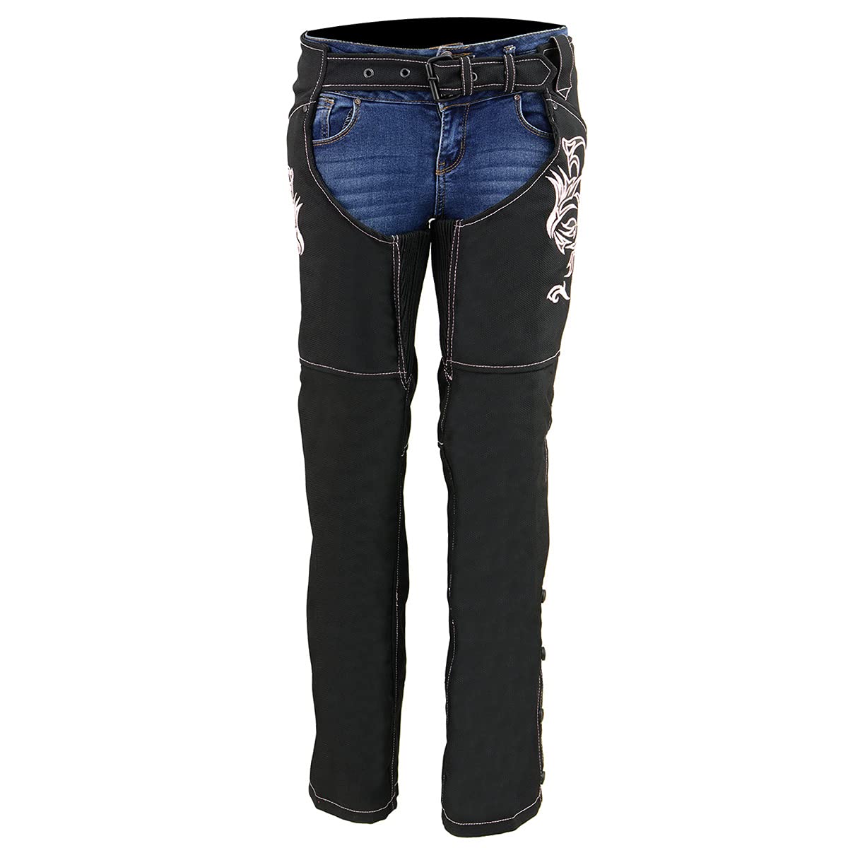 Milwaukee Leather SH1182 Women's Motorcycle Riding Chaps - Black & Pink Textile with Tribal Embroidery for Harley Davidson & Cruiser Bikes | Perfect for Long Rides & Motorcycle Events