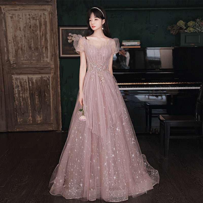 Elegant A-Line Pink Long Prom Dress with Sparkles - Sweet 16 Princess Gown for Formal Dances & Special Occasions
