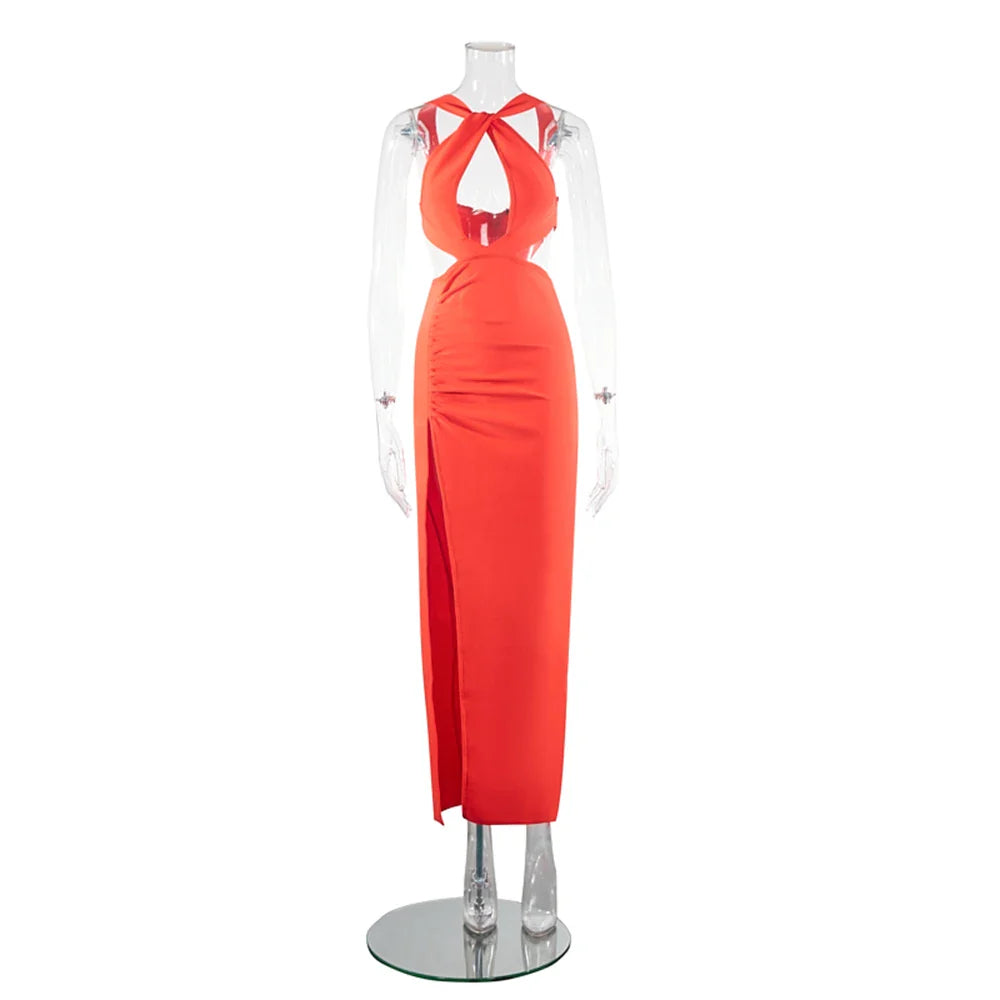 Sexy Red Sleeveless Open Back Bandage Dress for Women - Summer Hollow High Split Party Dress - Elegant Celebrity Style for Club Nights, Date Nights & Special Occasions