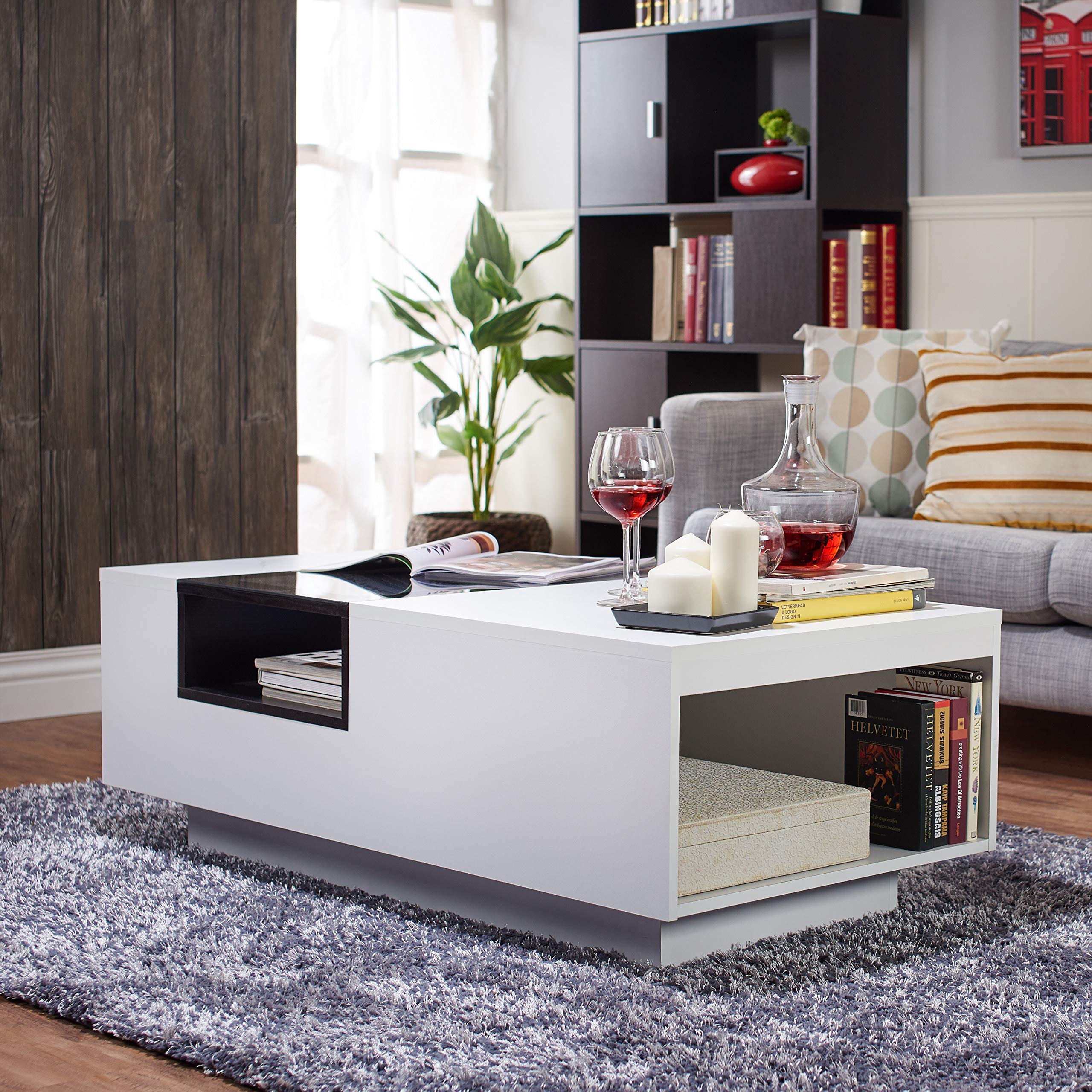 Modern White Glass Top Coffee Table with Black Glam Design - Urban Rectangle MDF Veneer with Storage Shelf - Perfect for Living Room, Office & Small Spaces
