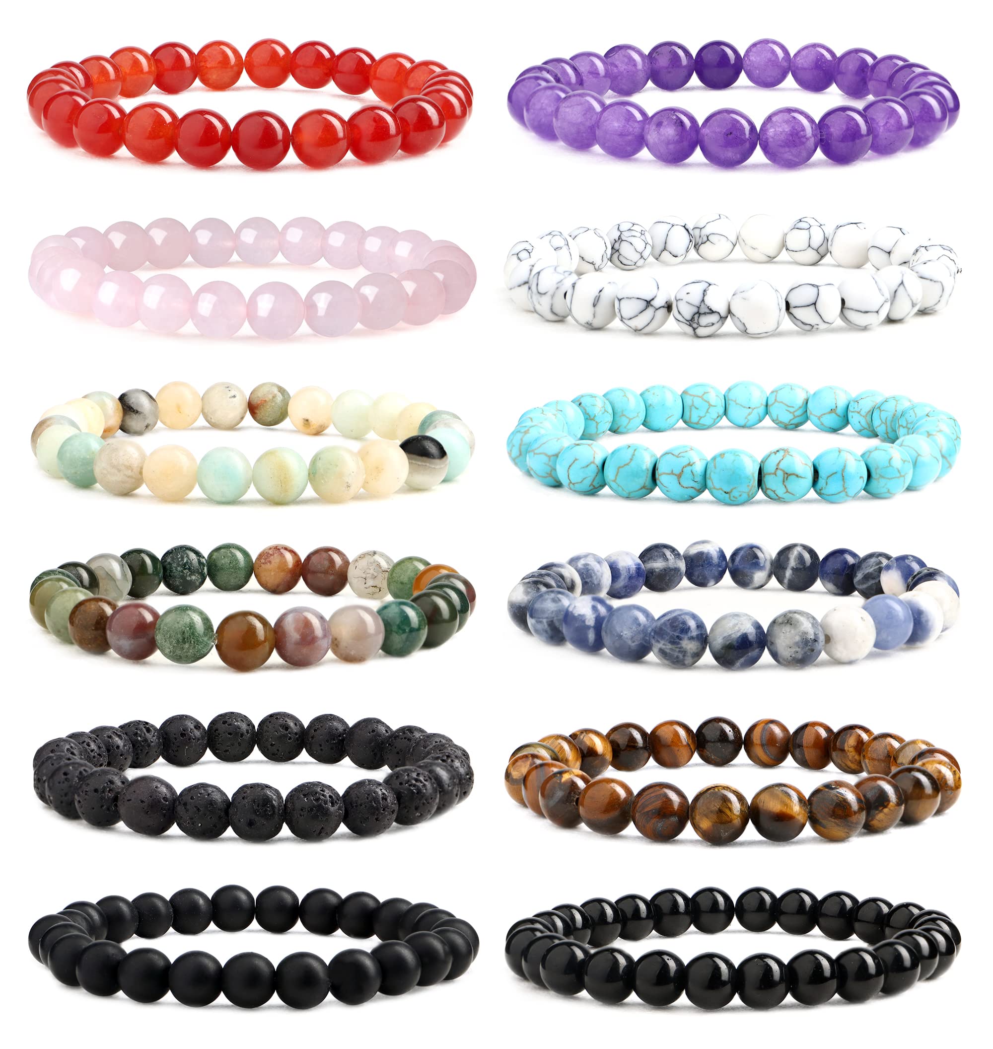 JeryWe 12 Pack 8mm Beaded Bracelets for Women & Men - Natural Stone Stackable Stretch Bracelet Set with Healing Crystals | Boho Jewelry for Everyday Wear, Yoga, Meditation & Gift Giving