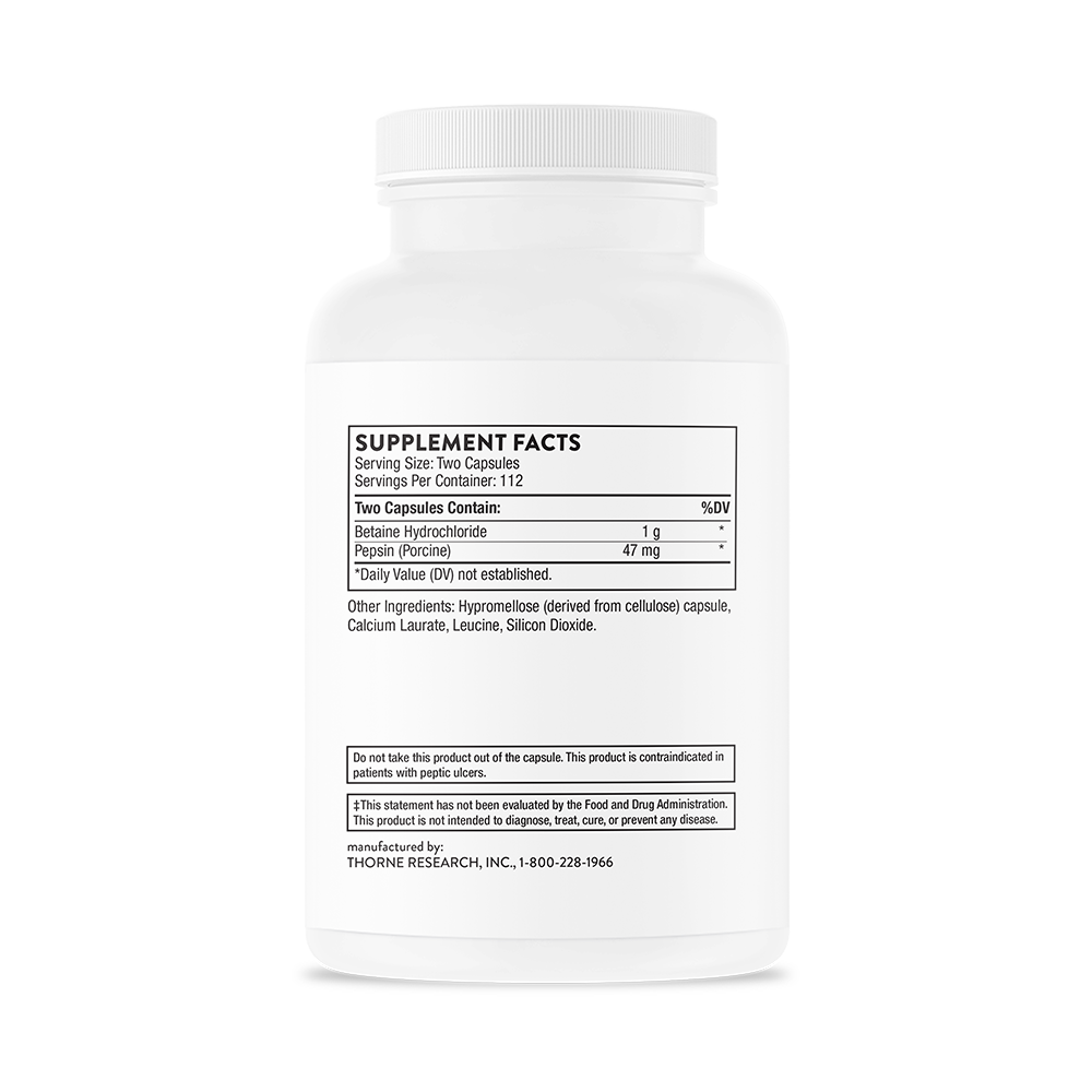 Thorne Betaine HCL with Pepsin Supplement - 250 Capsules for Digestive Support & Stomach Acid Balance - Ideal for Low Stomach Acid & GERD Relief