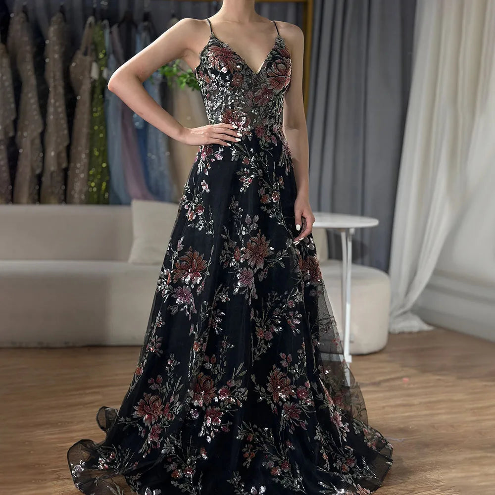 Luxury Dubai Black Beaded Spaghetti Strap A-Line Prom Dress for Formal Occasions - Perfect for Saudi Arabian Weddings, Evening Galas & Special Events LA72773