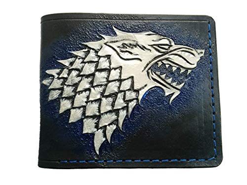 Stark's Wolf Game of Thrones Winter is Coming Men's 3D Genuine Leather Bifold Wallet - Handmade Carved Tooled Airbrush Art Custom Personalized Gift for Fans - Perfect for Daily Use & Collectors