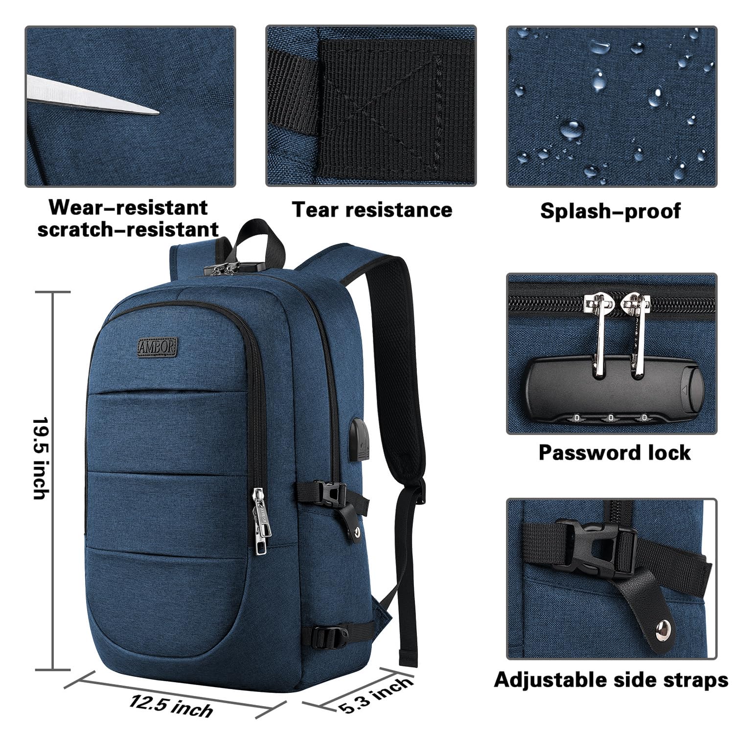 Anti-Theft 17.3 Inch Travel Laptop Backpack with USB Charging Port & Headphone Jack - Water-Resistant Business Computer Backpack for College, Work, Commuting - Perfect for Students, Professionals & Frequent Travelers (Blue)